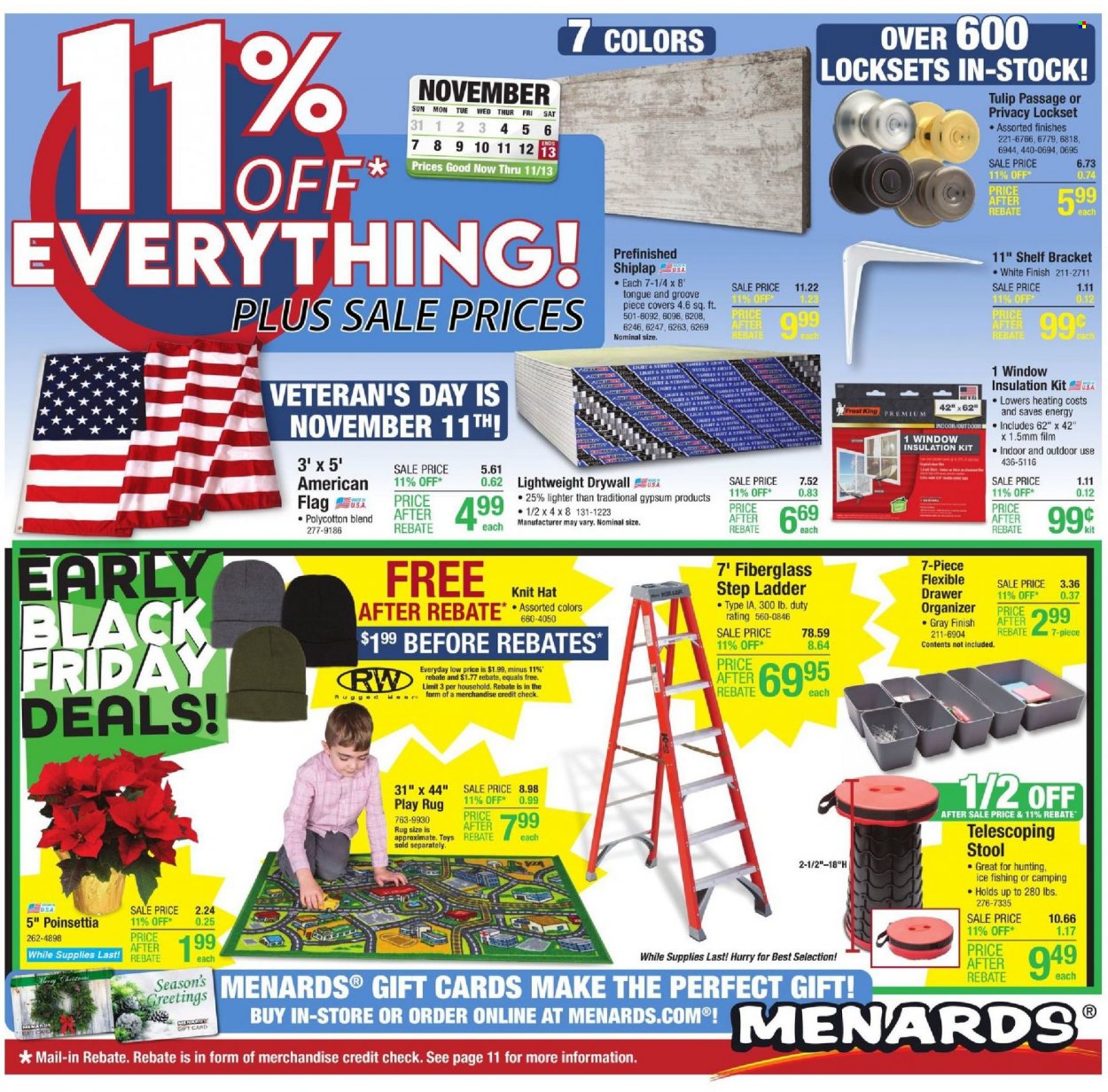 Menards Flyer - 11/04/2021 - 11/13/2021 - Sales products - shiplap, stool, ladder, rug, lockset, poinsettia. Page 1.