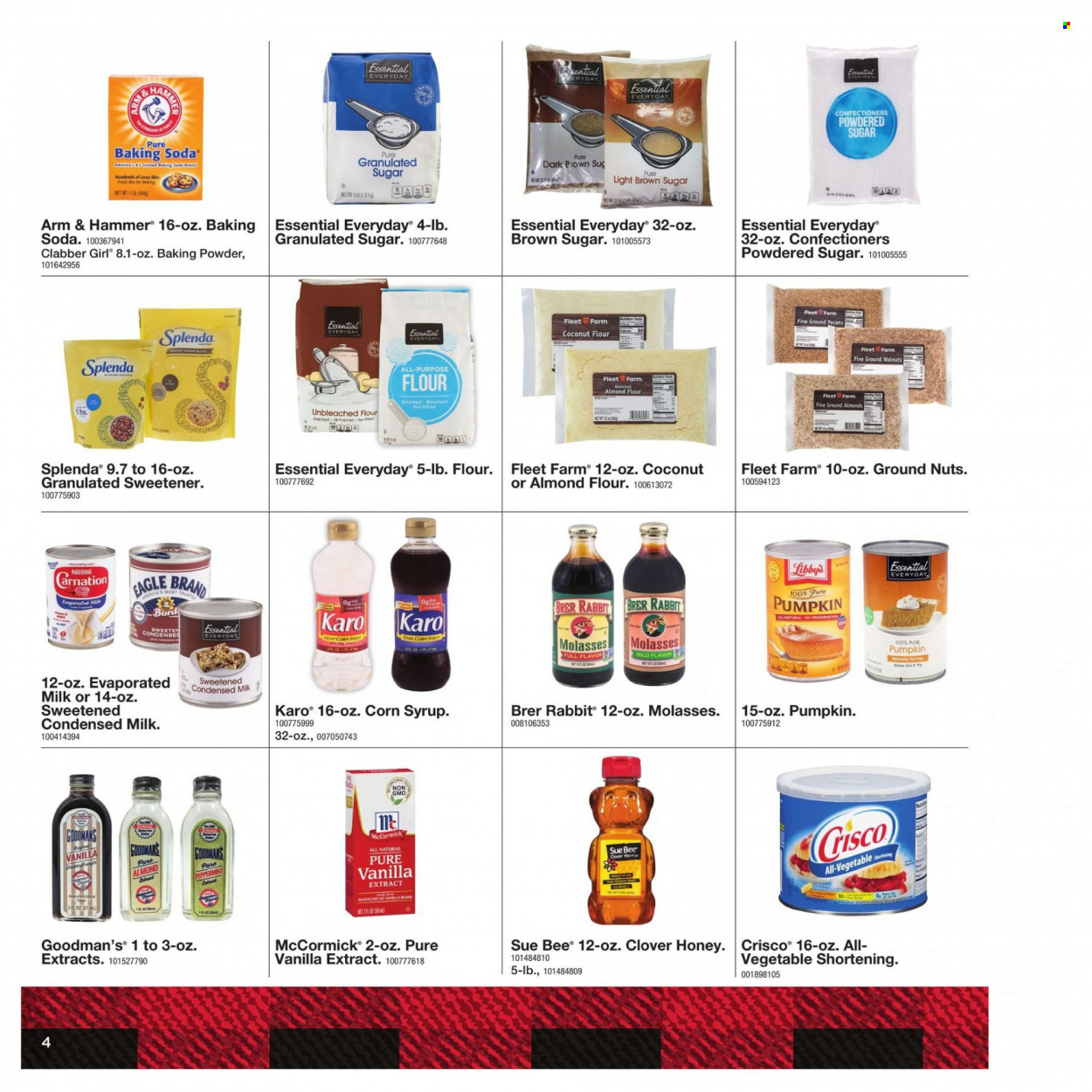 thumbnail - Fleet Farm Flyer - 11/05/2021 - 12/31/2021 - Sales products - Trust, rabbit, ARM & HAMMER, baking powder, bicarbonate of soda, cane sugar, coconut flour, Crisco, flour, granulated sugar, shortening, icing sugar, vanilla extract, almond flour, sweetener, corn, pumpkin, corn syrup, molasses, honey, syrup, walnuts, pecans. Page 4.