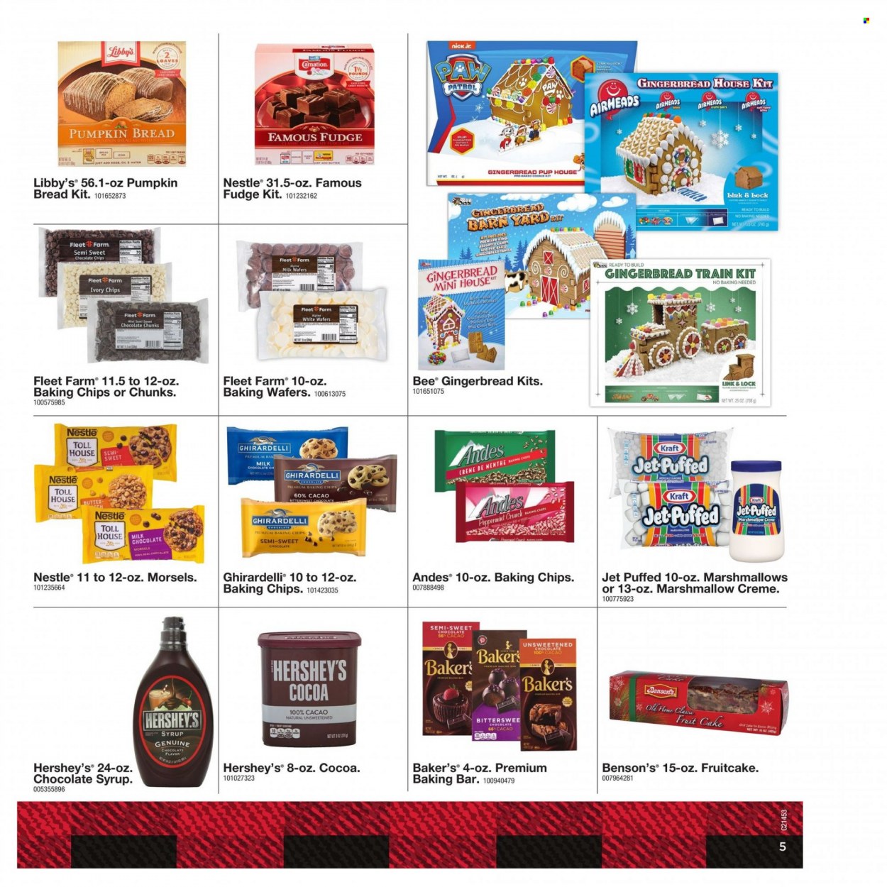 thumbnail - Fleet Farm Flyer - 11/05/2021 - 12/31/2021 - Sales products - bread, cake, gingerbread, fudge, marshmallows, milk chocolate, Nestlé, wafers, AirHeads, Hershey's, Ghirardelli, cocoa, baking chips, pumpkin, Kraft®, chocolate syrup, syrup, Jet, Bakers, train. Page 5.
