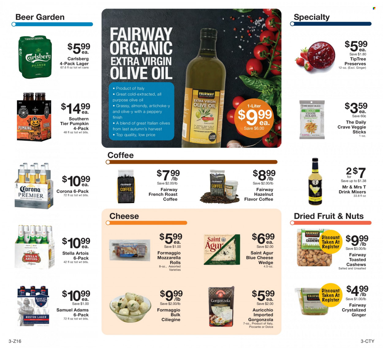 thumbnail - Fairway Market Flyer - 11/05/2021 - 11/11/2021 - Sales products - artichoke, ginger, pumpkin, mozzarella, cheese, gorgonzola, olives, extra virgin olive oil, olive oil, oil, cashews, dried fruit, coffee, beer, Corona Extra, Carlsberg, Lager, Stella Artois. Page 3.