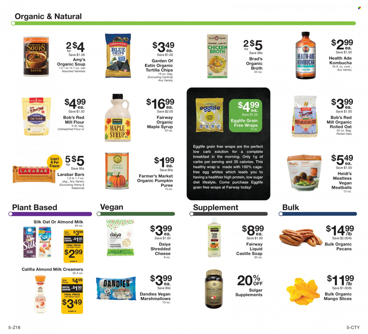 thumbnail - Fairway Market Flyer - 11/05/2021 - 11/11/2021 - Sales products - wraps, pumpkin, meatballs, soup, shredded cheese, Silk, eggs, almond creamer, marshmallows, tortilla chips, chips, broth, rolled oats, maple syrup, syrup, pecans, kombucha. Page 5.