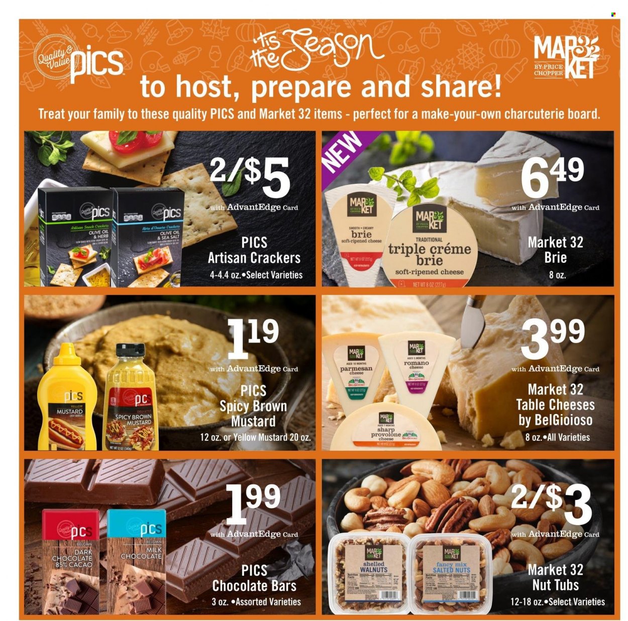 Price Chopper Flyer - 11/05/2021 - 11/27/2021 - Sales products - parmesan, cheese, brie cheese, Provolone, milk, snack, crackers, chocolate bar, mustard, olive oil, oil, walnuts, nuts. Page 1.