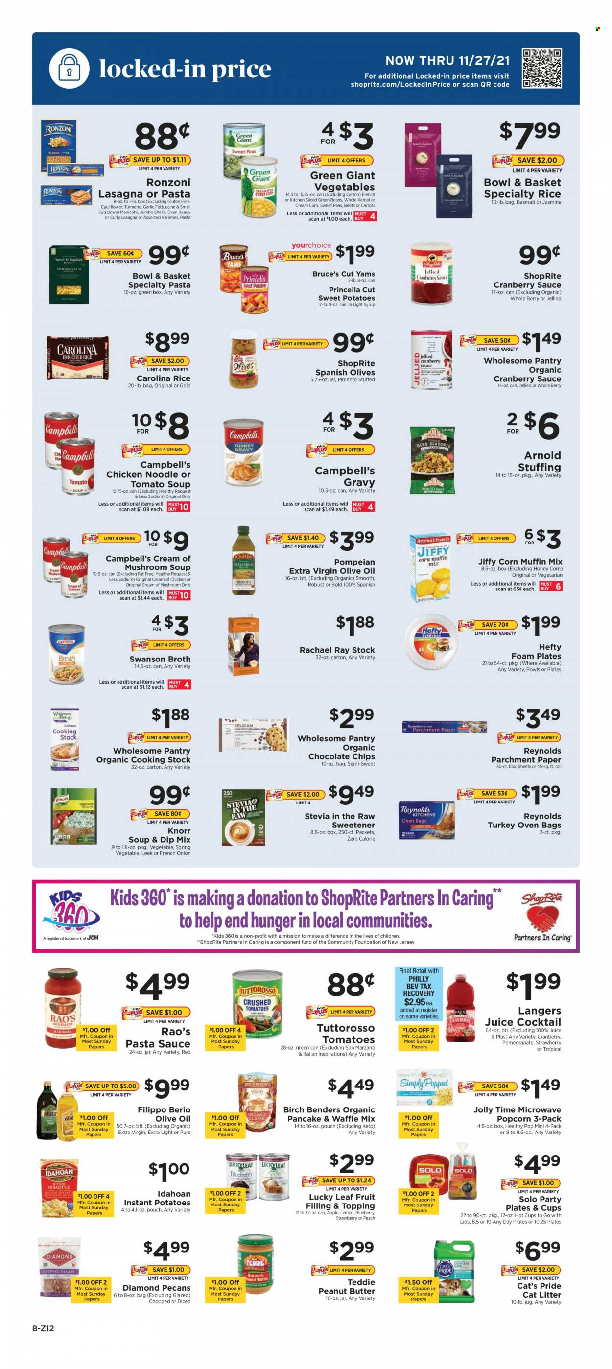 thumbnail - ShopRite Flyer - 11/07/2021 - 11/13/2021 - Sales products - Bowl & Basket, carrots, corn, garlic, green beans, leek, sweet potato, tomatoes, Campbell's, mushroom soup, tomato soup, pasta sauce, soup, Knorr, sauce, pancakes, noodles, lasagna meal, eggs, dip, popcorn, topping, broth, stevia, sweetener, olives, basmati rice, rice, turmeric, extra virgin olive oil, olive oil, oil, cranberry sauce, honey, peanut butter, syrup, pecans, juice, Hefty, plate, cup, paper, foam plates, cat litter, pomegranate. Page 8.