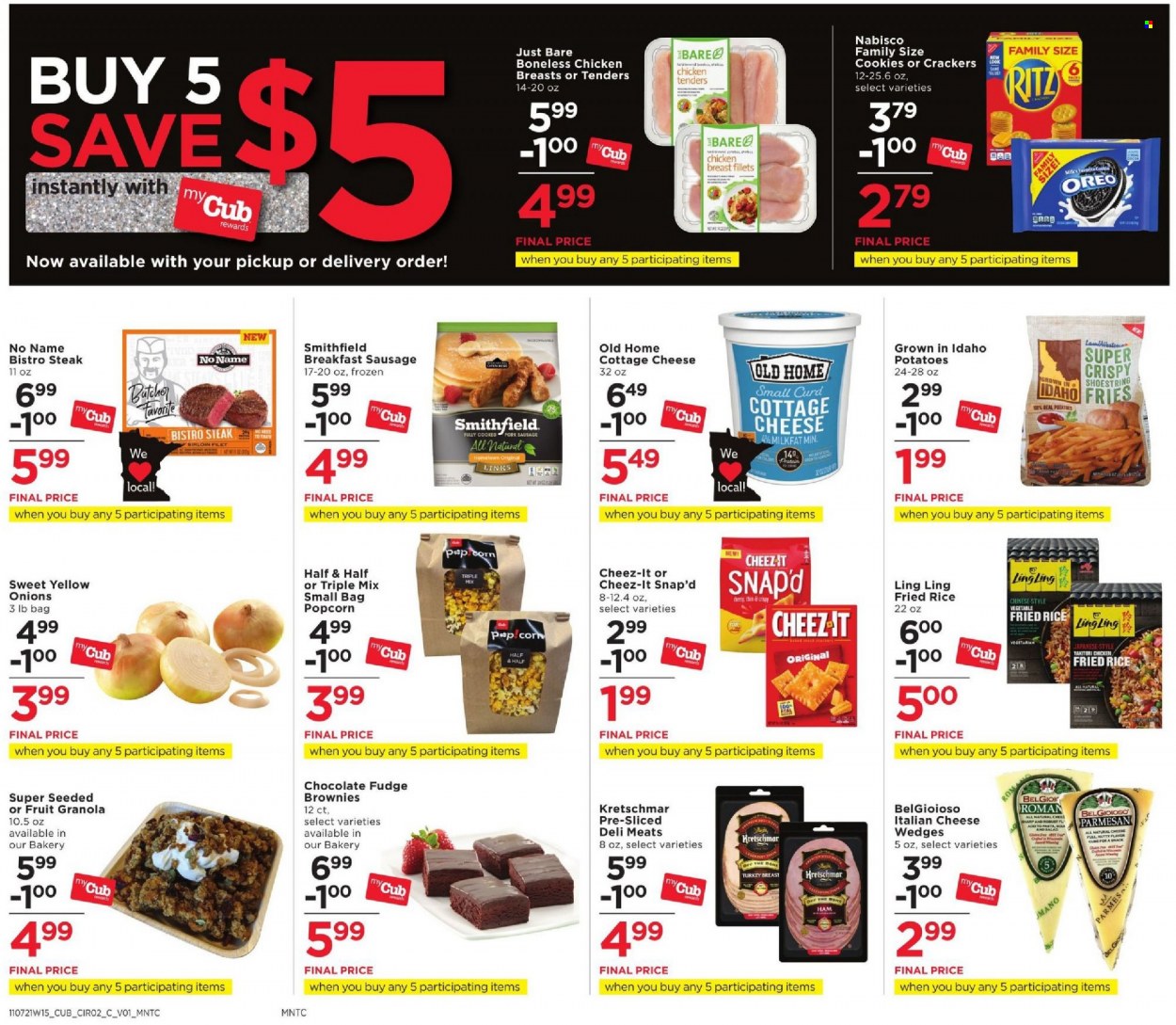 thumbnail - Cub Foods Flyer - 11/07/2021 - 11/13/2021 - Sales products - brownies, corn, potatoes, onion, No Name, chicken tenders, ham, ham off the bone, sausage, cottage cheese, parmesan, cheese, Oreo, potato fries, cookies, fudge, chocolate, crackers, RITZ, Cheez-It, granola, chicken breasts, steak, Half and half. Page 2.