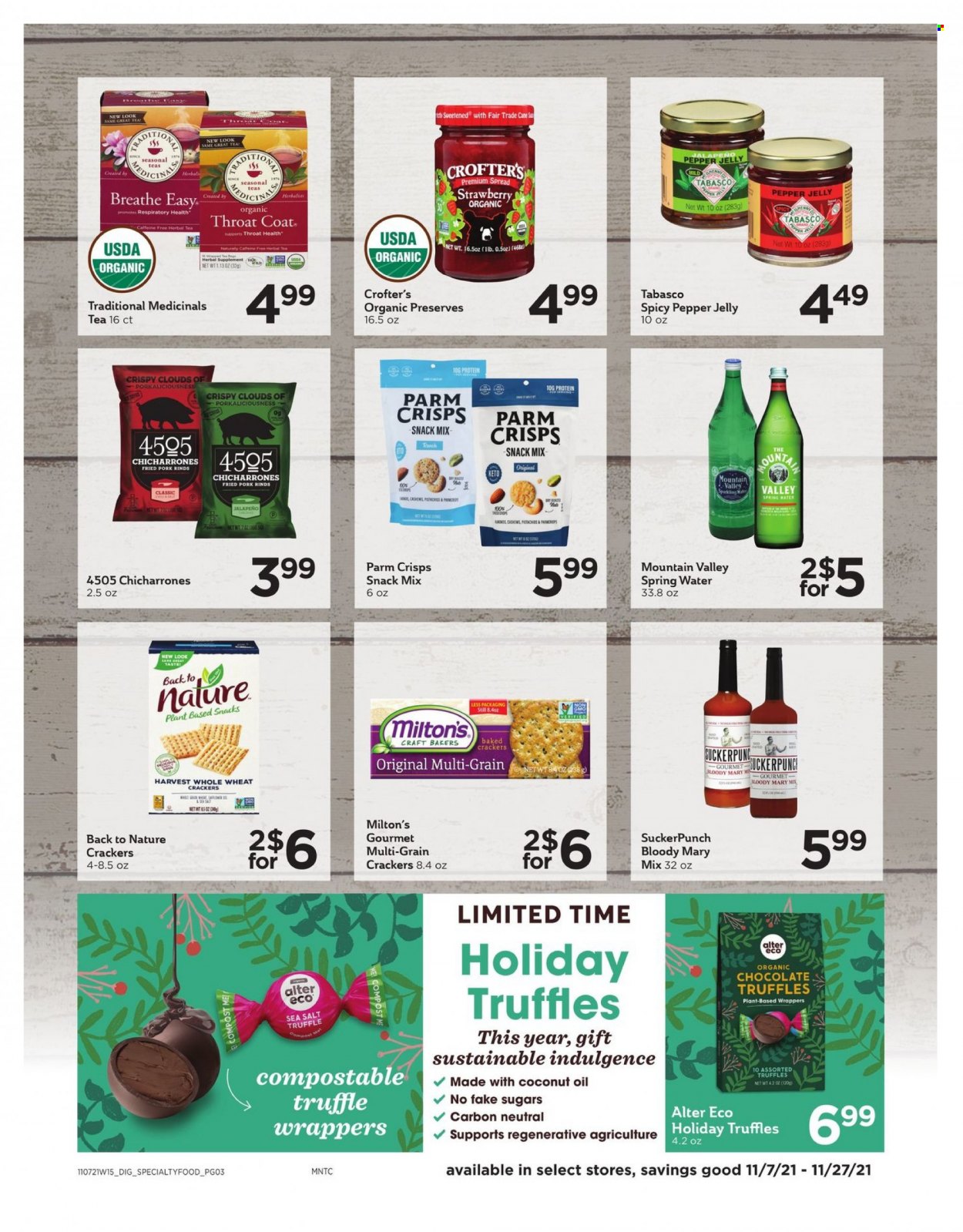 thumbnail - Cub Foods Flyer - 11/07/2021 - 11/27/2021 - Sales products - jalapeño, chocolate, snack, truffles, jelly, crackers, tabasco, pepper, oil, spring water, tea, herbal tea. Page 3.