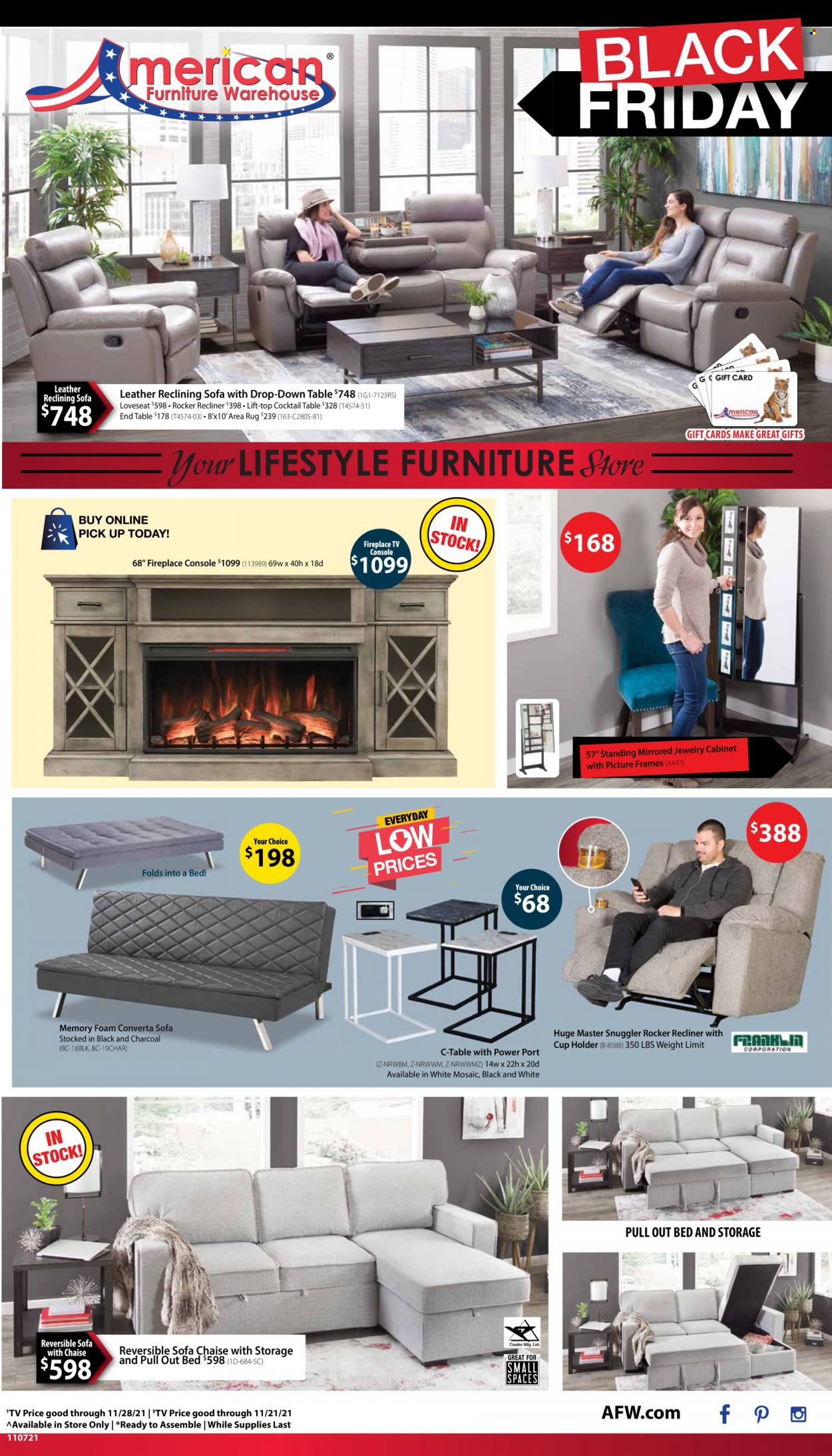 thumbnail - American Furniture Warehouse Flyer - 11/07/2021 - 11/28/2021 - Sales products - cabinet, loveseat, sofa, recliner chair, end table, tv console, c-table, bed, picture frame, rug, area rug. Page 1.