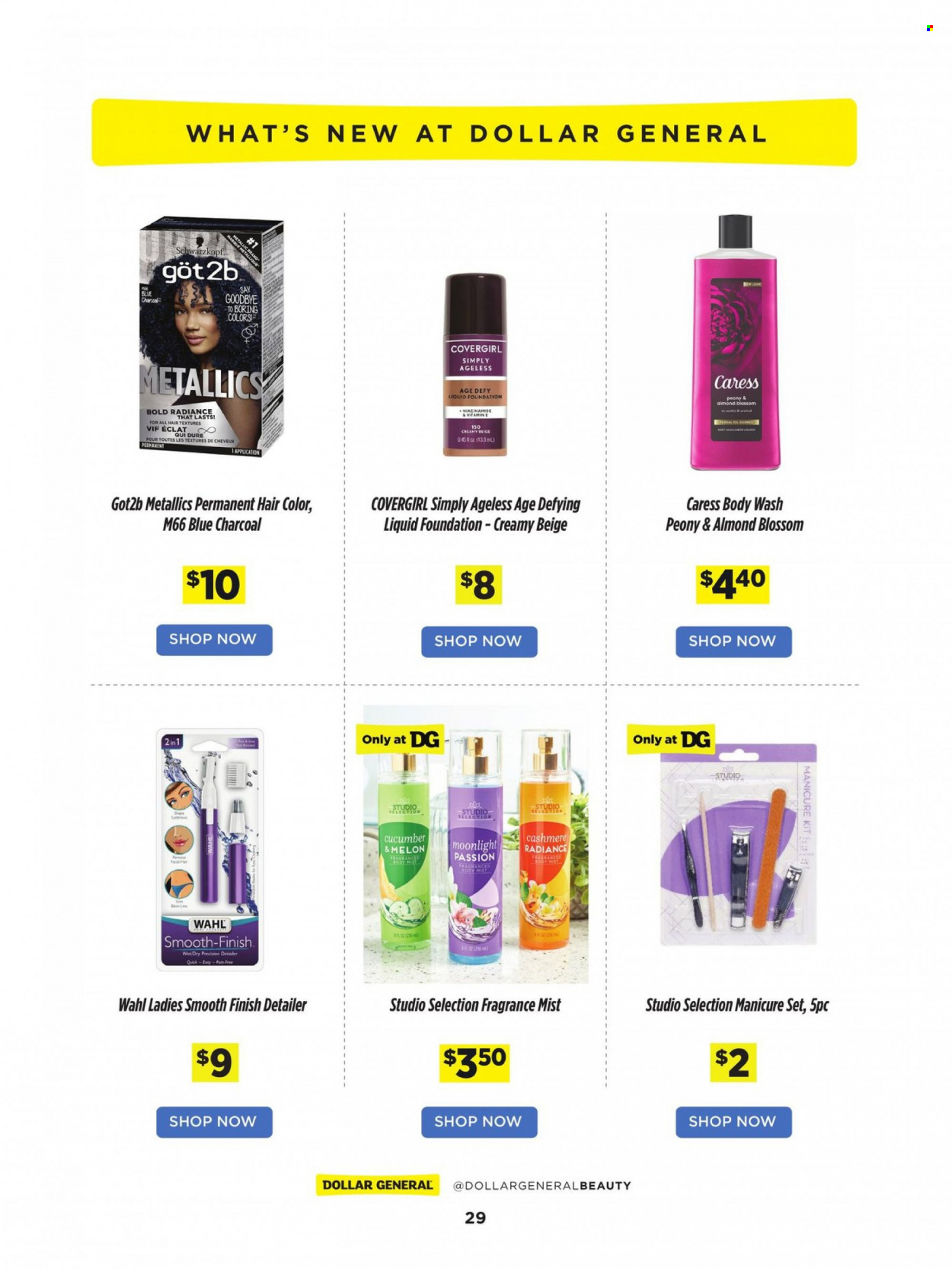 thumbnail - Dollar General Flyer - 11/04/2021 - 01/31/2022 - Sales products - Blossom, body wash, hair color, Eclat, fragrance, manicure, charcoal, melons. Page 29.