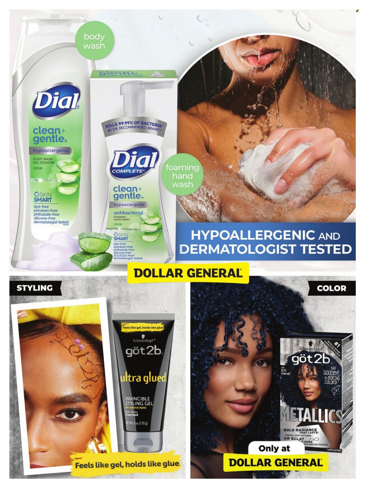 thumbnail - Dollar General Flyer - 11/04/2021 - 01/31/2022 - Sales products - body wash, Schwarzkopf, hand wash, Dial, styling gel, Eclat, charcoal. Page 41.