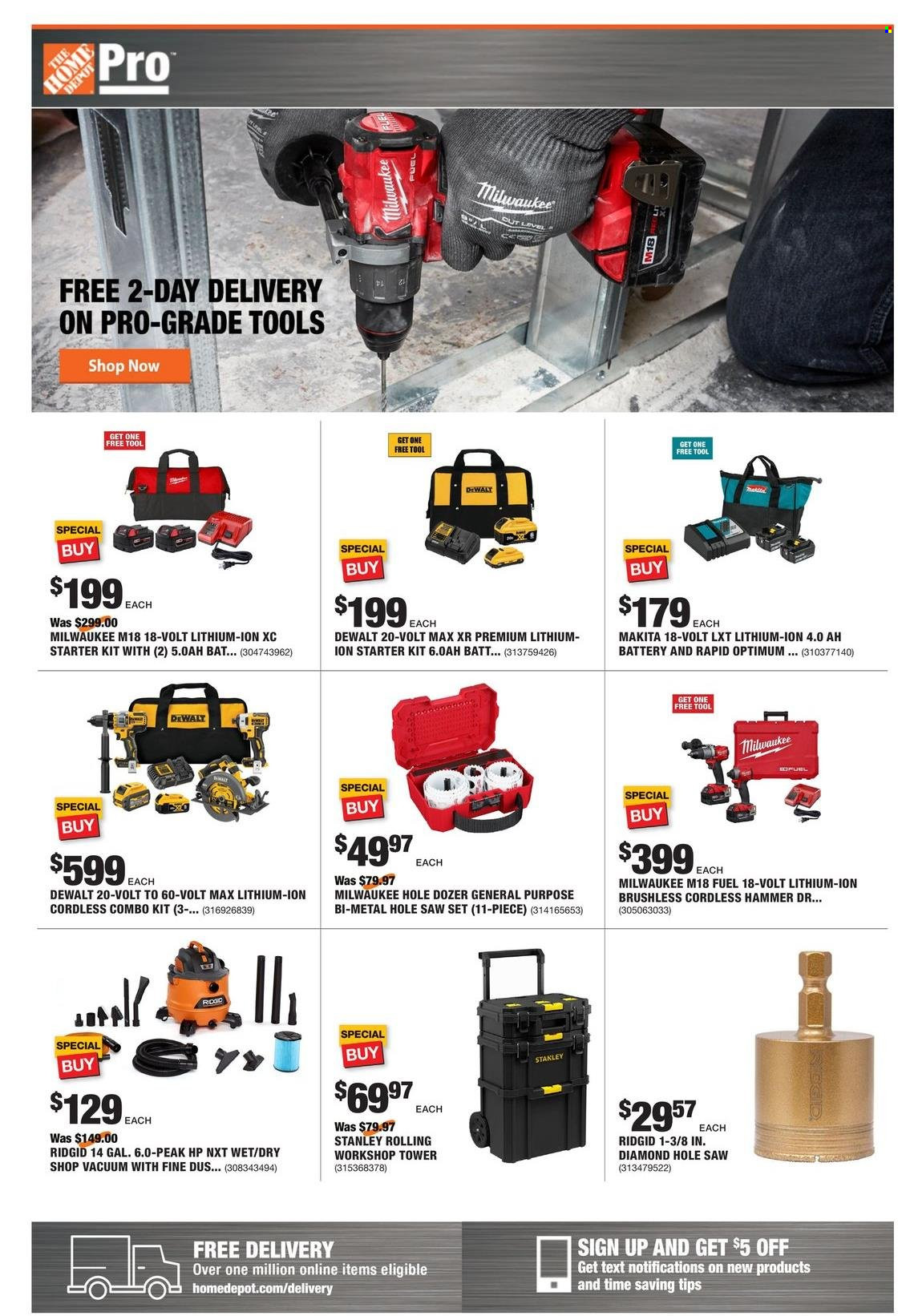 thumbnail - The Home Depot Flyer - 11/08/2021 - 11/15/2021 - Sales products - battery, Stanley, DeWALT, Milwaukee, Ridgid, combo kit, Makita. Page 1.