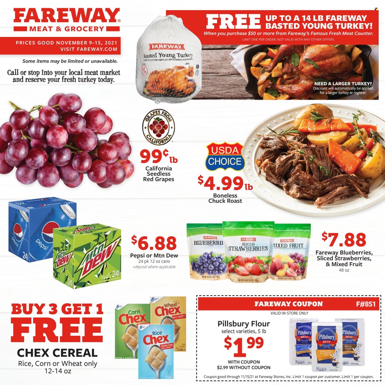 thumbnail - Fareway Flyer - 11/09/2021 - 11/15/2021 - Sales products - corn, blueberries, grapes, strawberries, Pillsbury, flour, cereals, Mountain Dew, Pepsi, beef meat, chuck roast. Page 1.