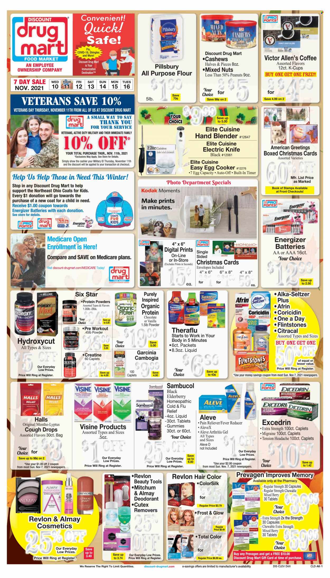 thumbnail - Discount Drug Mart Flyer - 11/10/2021 - 11/16/2021 - Sales products - Pillsbury, eggs, Halls, chocolate, all purpose flour, flour, cashews, peanuts, mixed nuts, coffee, coffee capsules, K-Cups, Almay, Revlon, hair color, anti-perspirant, deodorant, bag, knife, envelope, battery, Energizer, book, Moments, UHD TV, ultra hd, rose, Afrin, Aleve, Coricidin, Cold & Flu, Excedrin, Theraflu, Alka-seltzer, cough drops, Sambucol. Page 1.