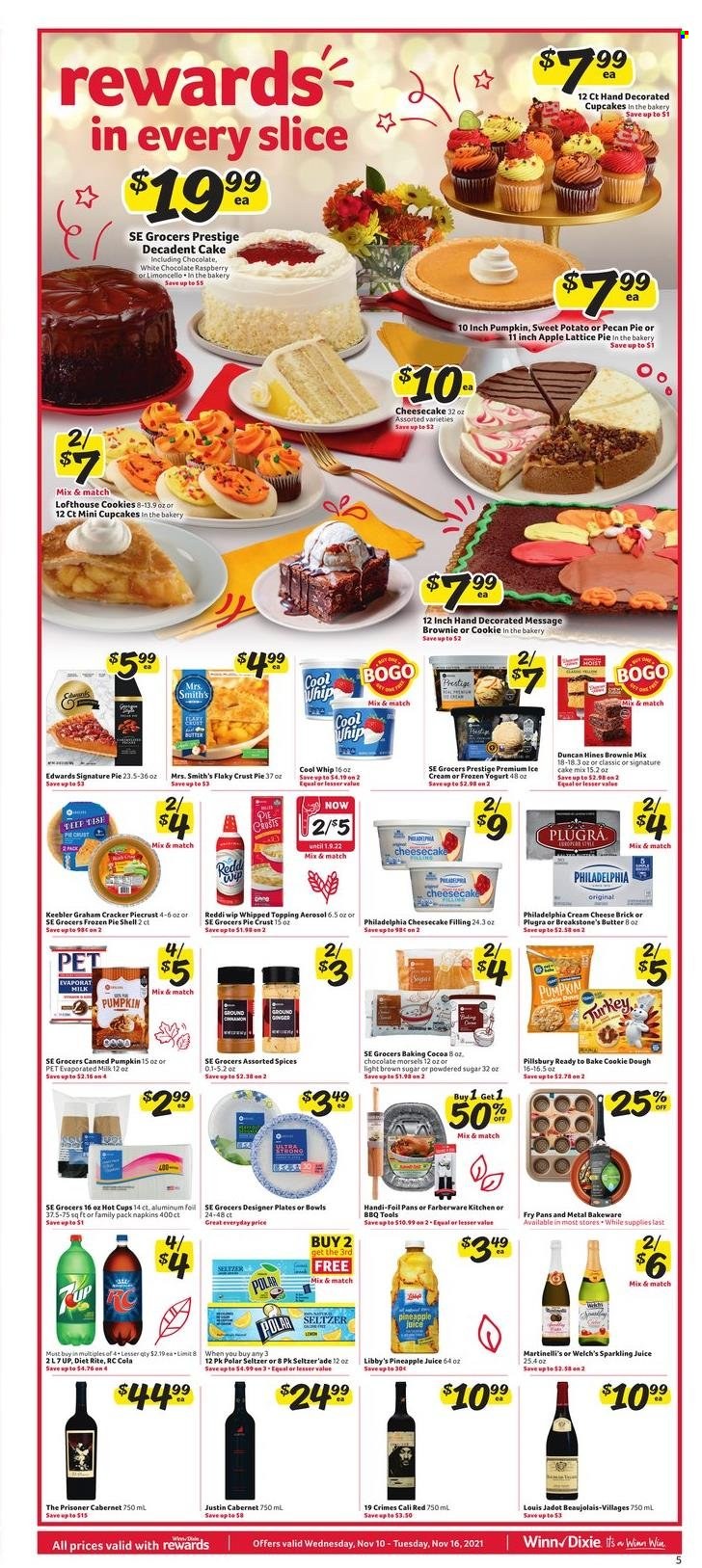 thumbnail - Winn Dixie Flyer - 11/10/2021 - 11/16/2021 - Sales products - cupcake, brownie mix, cake mix, ginger, sweet potato, pineapple, Welch's, Pillsbury, cream cheese, Philadelphia, cheese, yoghurt, milk, butter, Cool Whip, ice cream, cookie dough, cookies, crackers, Keebler, Smith's, cane sugar, cocoa, pie crust, topping, icing sugar, ground ginger, pineapple juice, juice, sparkling juice, seltzer water, Cabernet Sauvignon, Limoncello, napkins, plate, cup, bakeware, aluminium foil. Page 5.