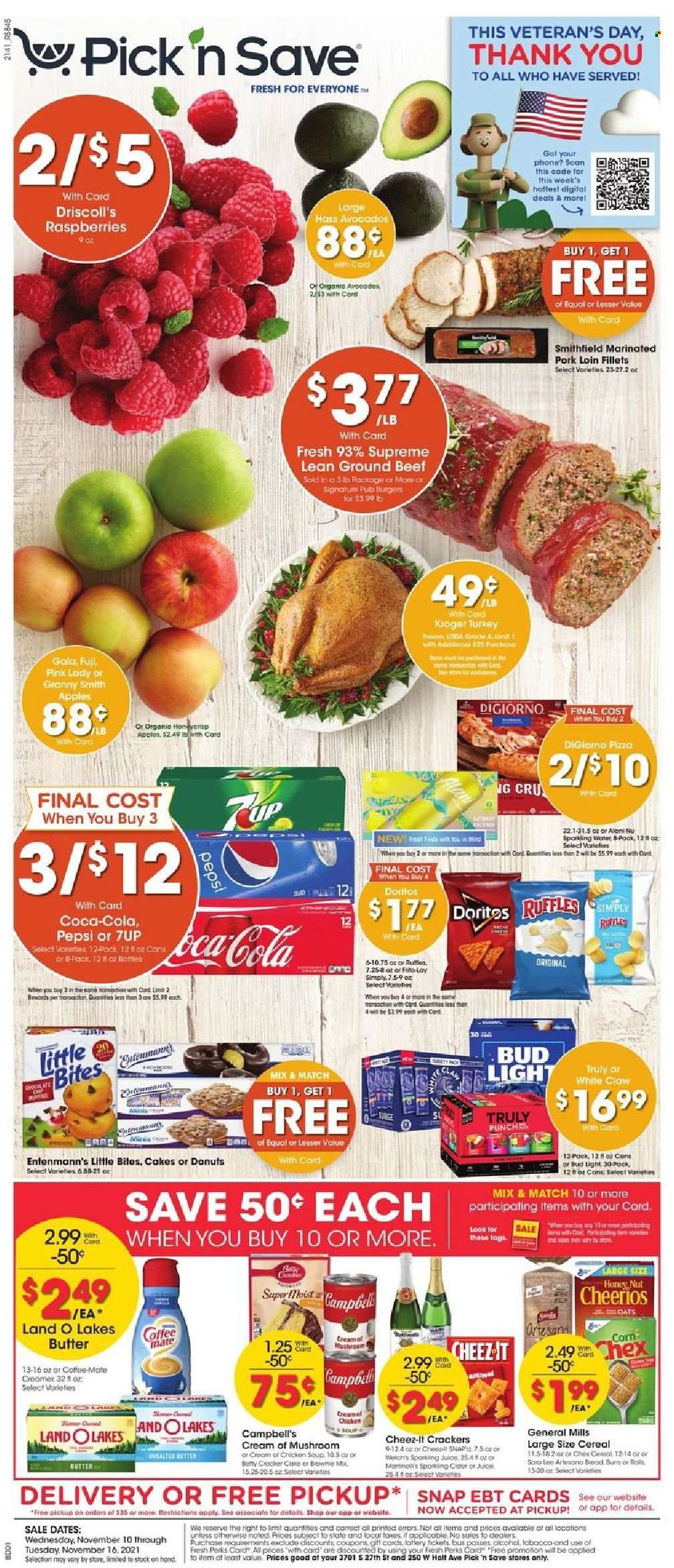 thumbnail - Pick ‘n Save Flyer - 11/10/2021 - 11/16/2021 - Sales products - cake, buns, brownies, donut, Entenmann's, corn, apples, avocado, Gala, Granny Smith, Pink Lady, Campbell's, pizza, chicken soup, soup, hamburger, Coffee-Mate, creamer, crackers, Little Bites, Doritos, Cheez-It, oats, cereals, Cheerios, Coca-Cola, Pepsi, juice, 7UP, L'Or, White Claw, TRULY, cider, beer, Bud Light, beef meat, ground beef, pork loin, pork meat, marinated pork. Page 1.