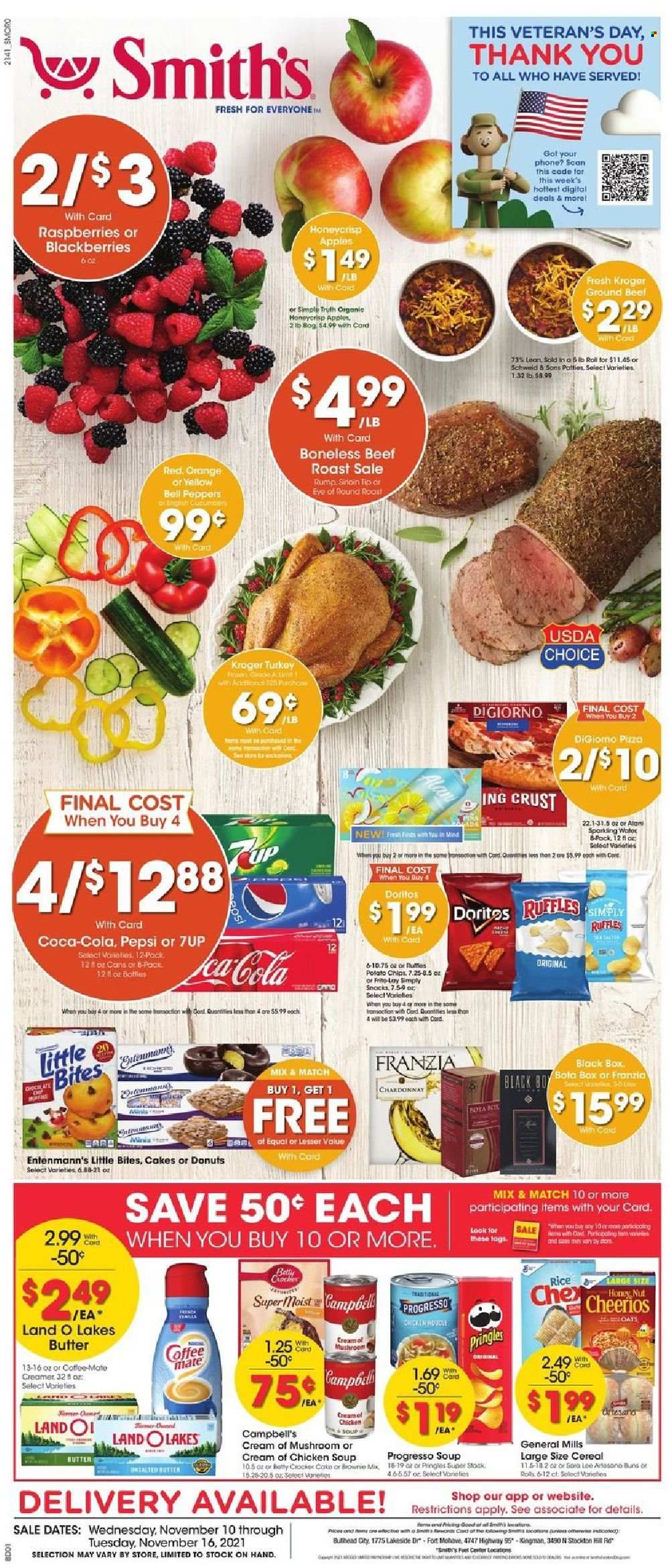 Smith's Flyer - 11/10/2021 - 11/16/2021 - Sales products - cake, buns, donut, Entenmann's, brownie mix, bell peppers, cucumbers, peppers, apples, blackberries, orange, cod, Campbell's, pizza, chicken soup, Progresso, Coffee-Mate, butter, creamer, snack, Little Bites, Doritos, potato chips, Pringles, chips, Smith's, Ruffles, oats, cereals, Cheerios, rice, Coca-Cola, Pepsi, 7UP, white wine, Chardonnay, wine, beef meat, ground beef, eye of round, roast beef. Page 1.