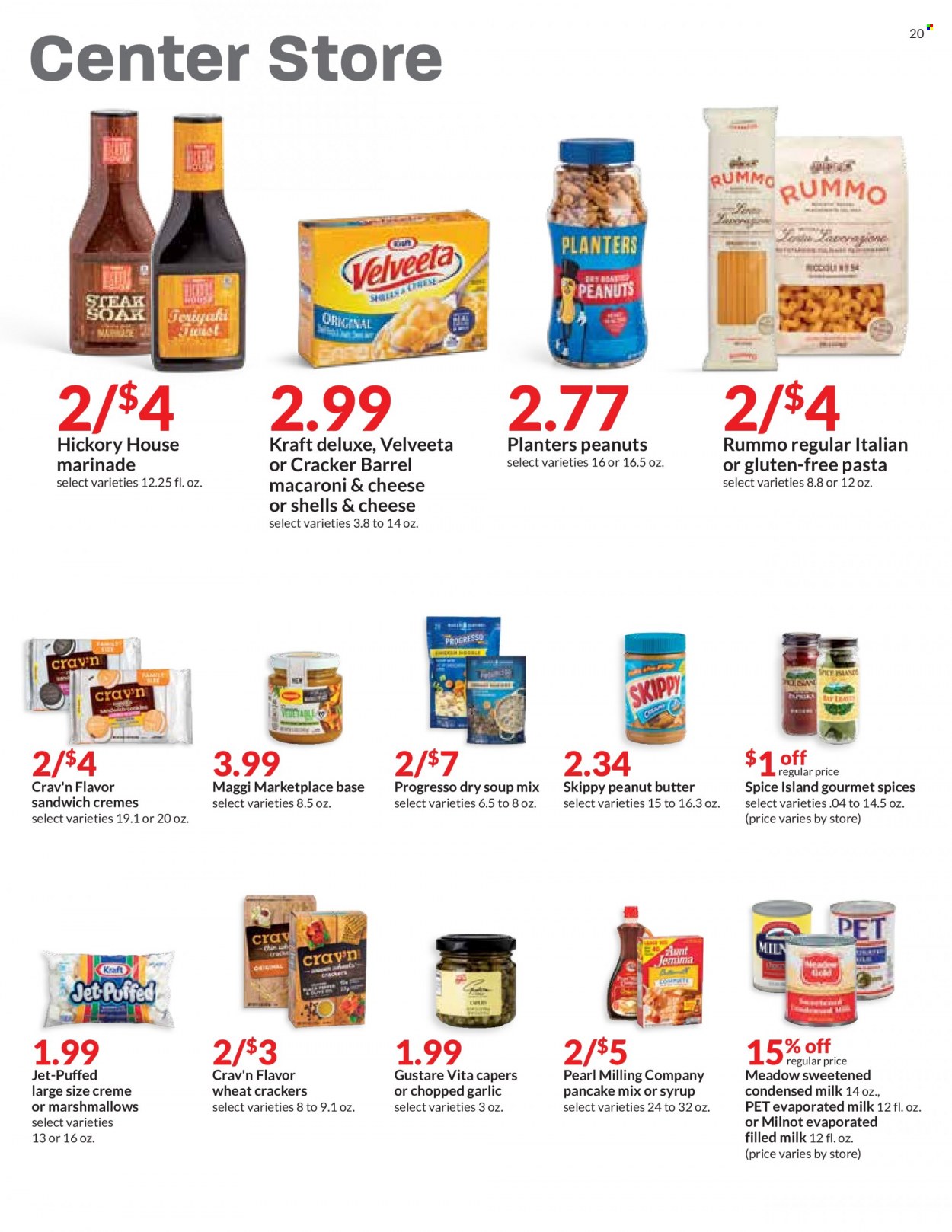 thumbnail - Hy-Vee Flyer - 11/10/2021 - 11/16/2021 - Sales products - garlic, macaroni & cheese, sandwich, soup mix, soup, pasta, pancakes, Progresso, Kraft®, condensed milk, marshmallows, crackers, Maggi, capers, spice, marinade, peanut butter, peanuts, Planters, Jet. Page 20.