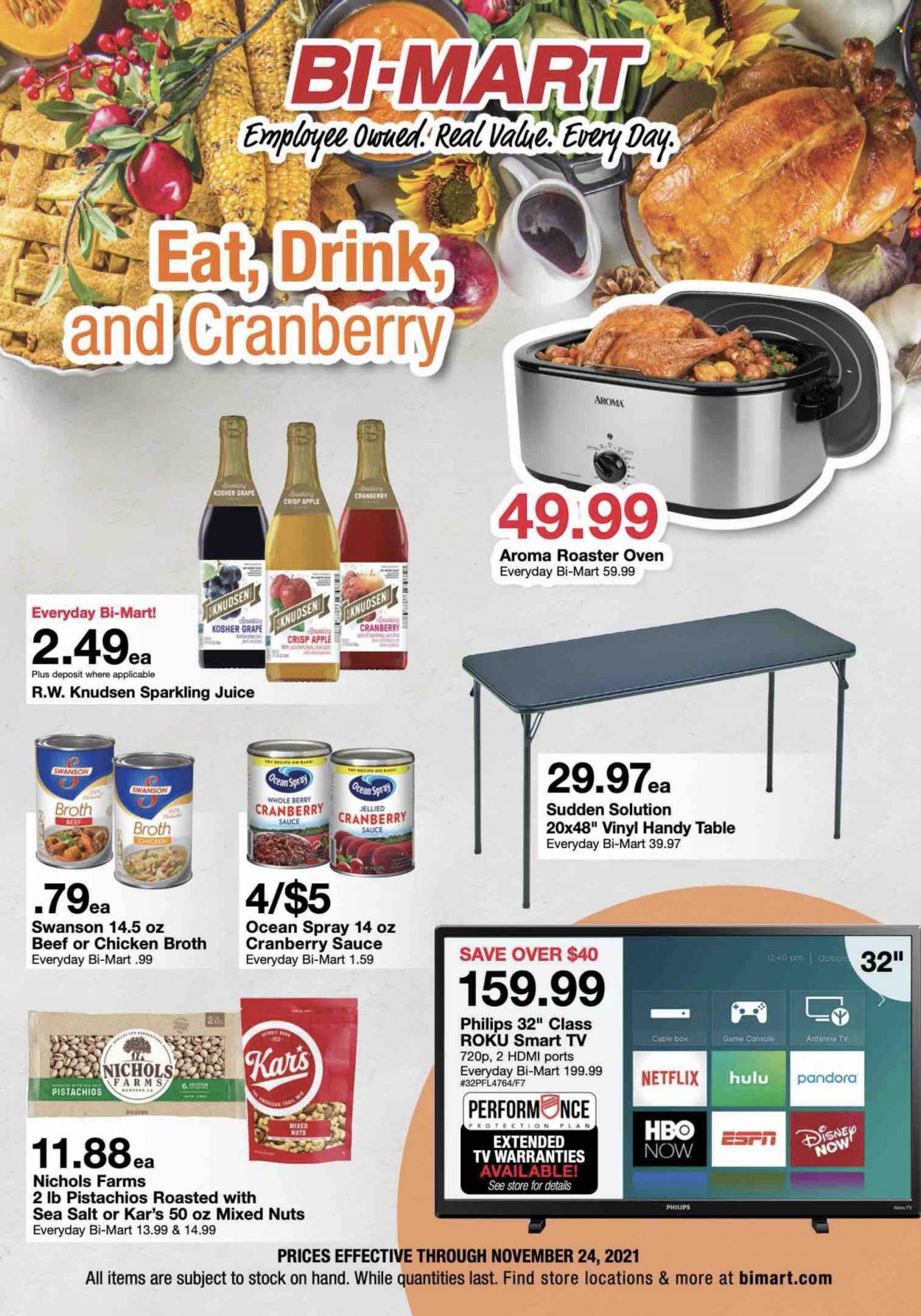 thumbnail - Bi-Mart Flyer - 11/10/2021 - 11/24/2021 - Sales products - table, Philips, Apple, sauce, beef broth, chicken broth, broth, cranberry sauce, pistachios, mixed nuts, juice, sparkling juice, smart tv, TV, antenna, roaster, vinyl. Page 1.