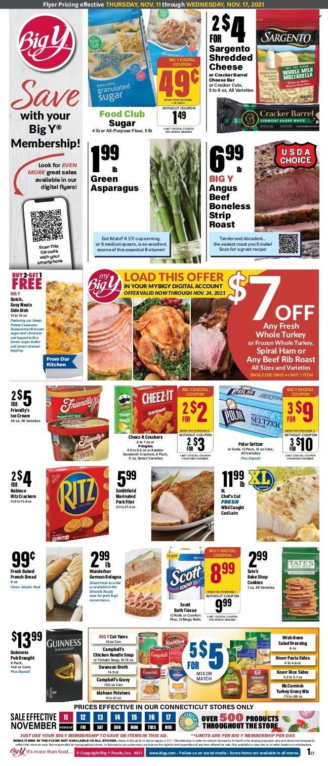 thumbnail - Big Y Flyer - 11/11/2021 - 11/17/2021 - Sales products - bread, french bread, sweet potato, cod, Campbell's, soup, Knorr, noodles cup, noodles, pasta sides, ham, spiral ham, mozzarella, shredded cheese, Sargento, milk, ice cream, Friendly's Ice Cream, cookies, crackers, RITZ, Cheez-It, cane sugar, flour, broth, rice, gravy mix, turkey gravy, seltzer water, soda, Guinness, whole turkey, beef meat. Page 1.