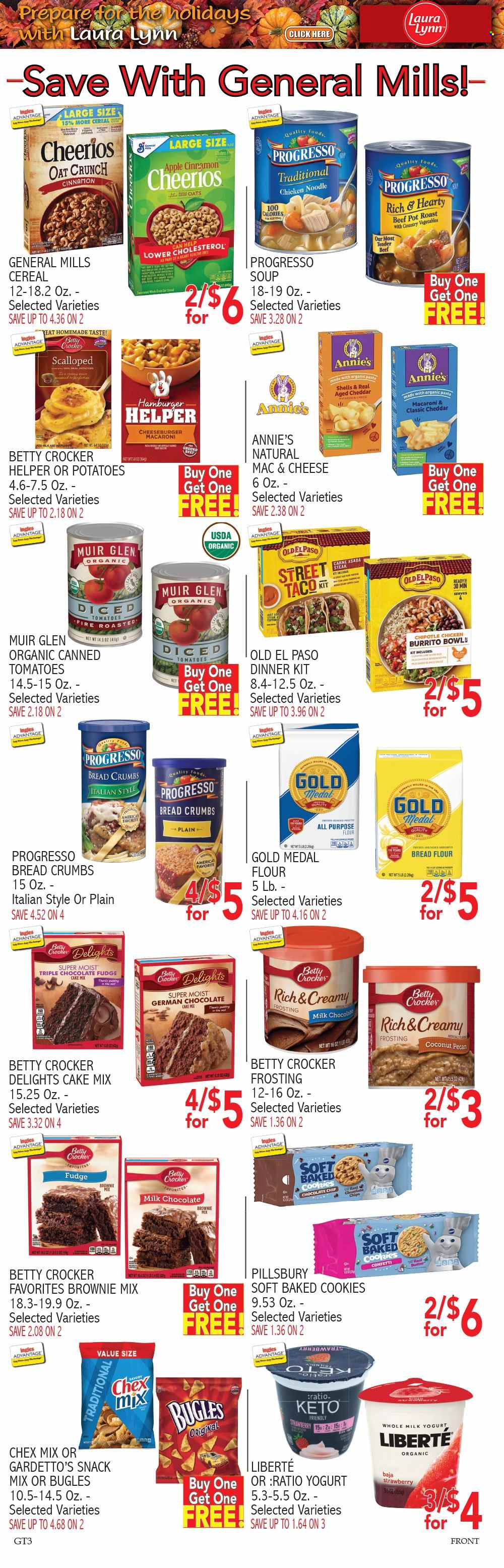 thumbnail - Ingles Flyer - 11/10/2021 - 11/16/2021 - Sales products - Old El Paso, chocolate cake, brownie mix, cake mix, potatoes, coconut, macaroni, hamburger, cheeseburger, Pillsbury, dinner kit, burrito, noodles, Progresso, Annie's, cheddar, yoghurt, cookies, fudge, milk chocolate, snack, Chex Mix, all purpose flour, bread flour, frosting, oats, cereals, Cheerios, cinnamon, steak, pot. Page 7.