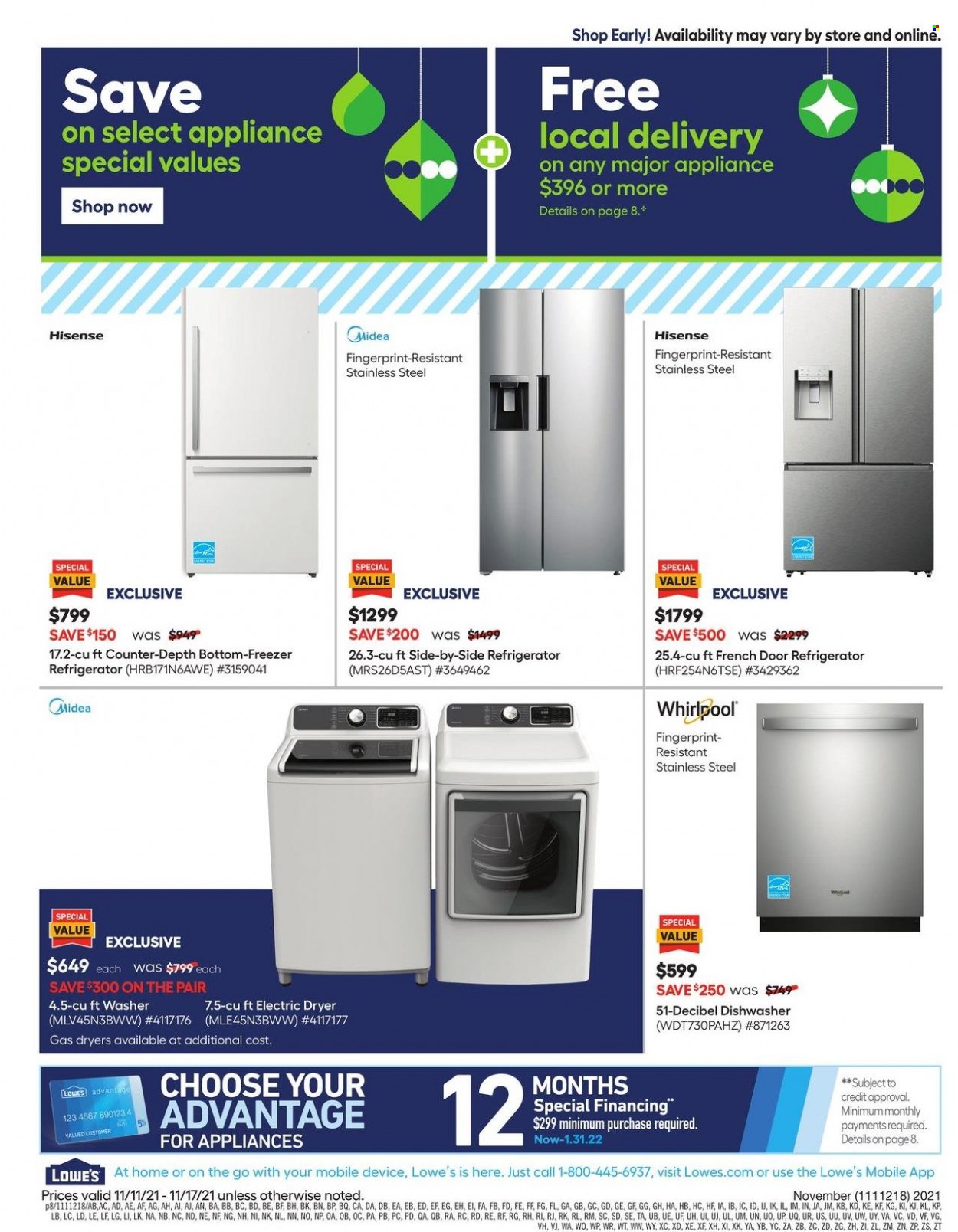thumbnail - Lowe's Flyer - 11/11/2021 - 11/17/2021 - Sales products - LG, Whirlpool, freezer, french door refrigerator, refrigerator, Hisense, dishwasher, washing machine, electric dryer. Page 8.