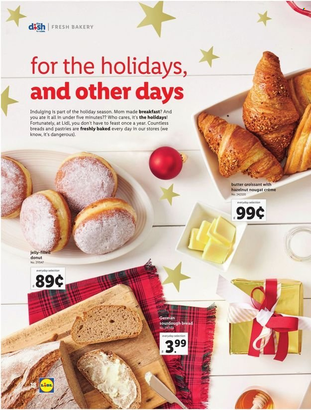 thumbnail - Lidl Flyer - 11/10/2021 - 01/04/2022 - Sales products - bread, sourdough bread, donut, butter, jelly, nougat. Page 18.