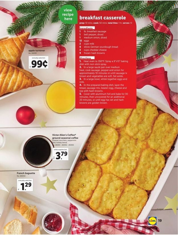 thumbnail - Lidl Flyer - 11/10/2021 - 01/04/2022 - Sales products - baguette, sourdough bread, sausage, cheese, eggs, hash browns, pepper, coffee, pan, casserole. Page 19.