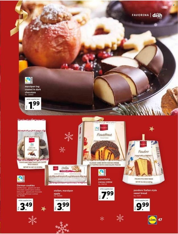 thumbnail - Lidl Flyer - 11/10/2021 - 01/04/2022 - Sales products - bread, stollen, panettone, sweet bread, cookies, german cookies, marzipan log, dark chocolate, Apple. Page 47.