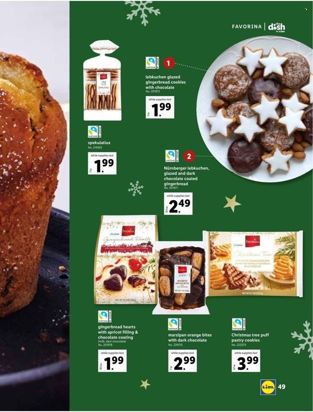 thumbnail - Lidl Flyer - 11/10/2021 - 01/04/2022 - Sales products - gingerbread, puff pastry cookies, oranges, puff pastry, cookies, gingerbread cookies, lebkuchen, Spekulatius, chocolate, dark chocolate, marzipan, christmas tree. Page 49.