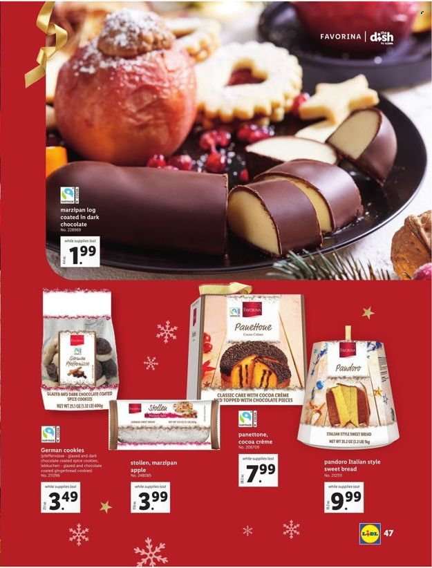 thumbnail - Lidl Flyer - 11/10/2021 - 01/04/2022 - Sales products - bread, cake, stollen, panettone, sweet bread, cookies, german cookies, marzipan log, chocolate, dark chocolate, spice, Apple. Page 51.