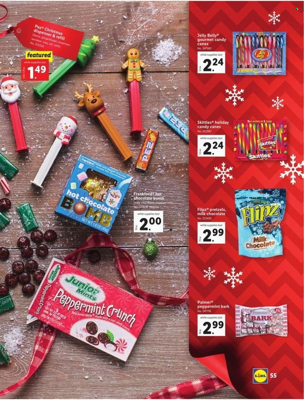 thumbnail - Lidl Flyer - 11/10/2021 - 01/04/2022 - Sales products - pretzels, milk chocolate, jelly, Skittles, hot chocolate, dispenser. Page 57.