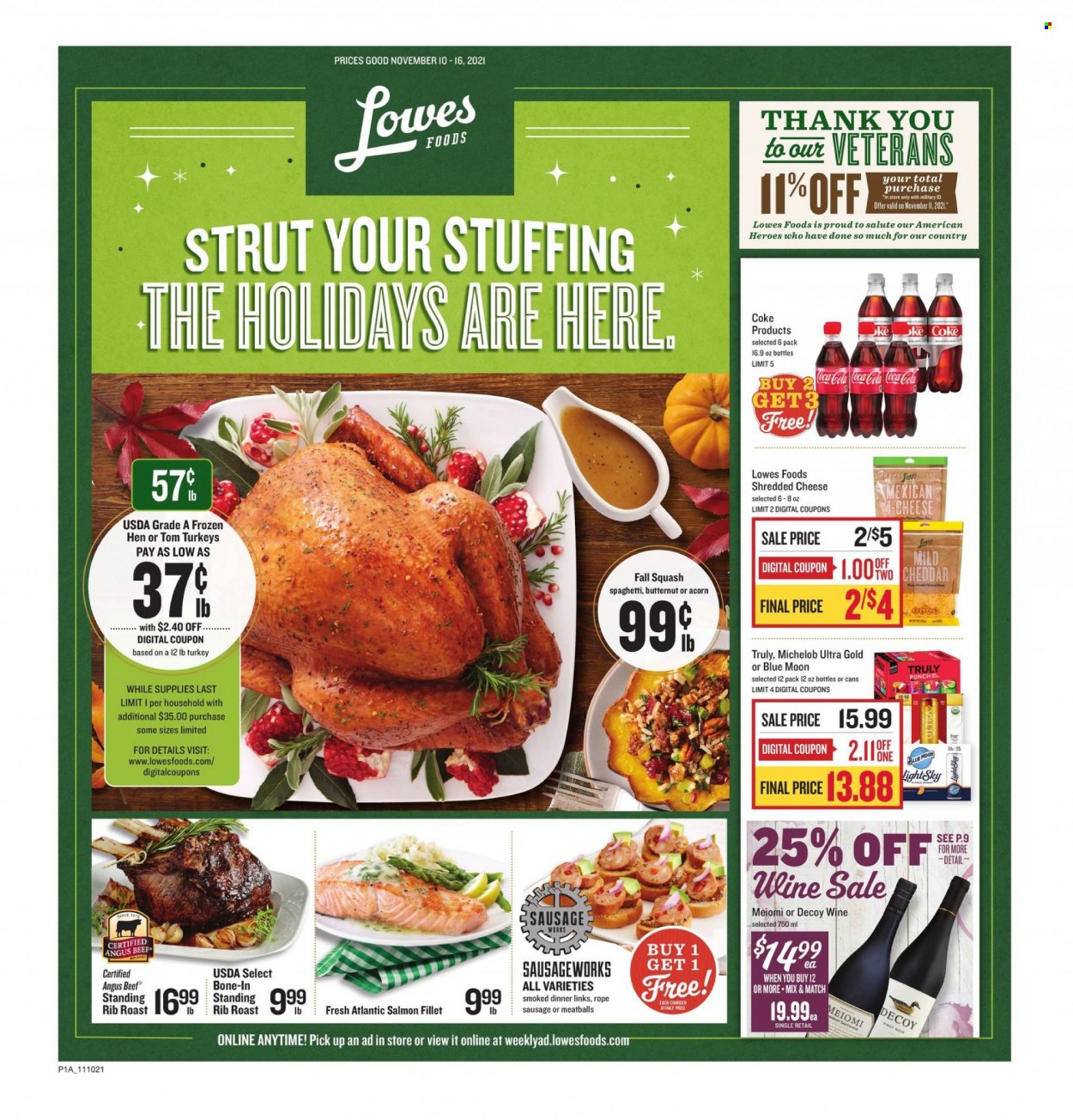 thumbnail - Lowes Foods Flyer - 11/10/2021 - 11/16/2021 - Sales products - salmon, salmon fillet, spaghetti, meatballs, sausage, shredded cheese, cheddar, Coca-Cola, wine, TRULY, beer, beef meat, butternut squash, Blue Moon, Michelob. Page 1.