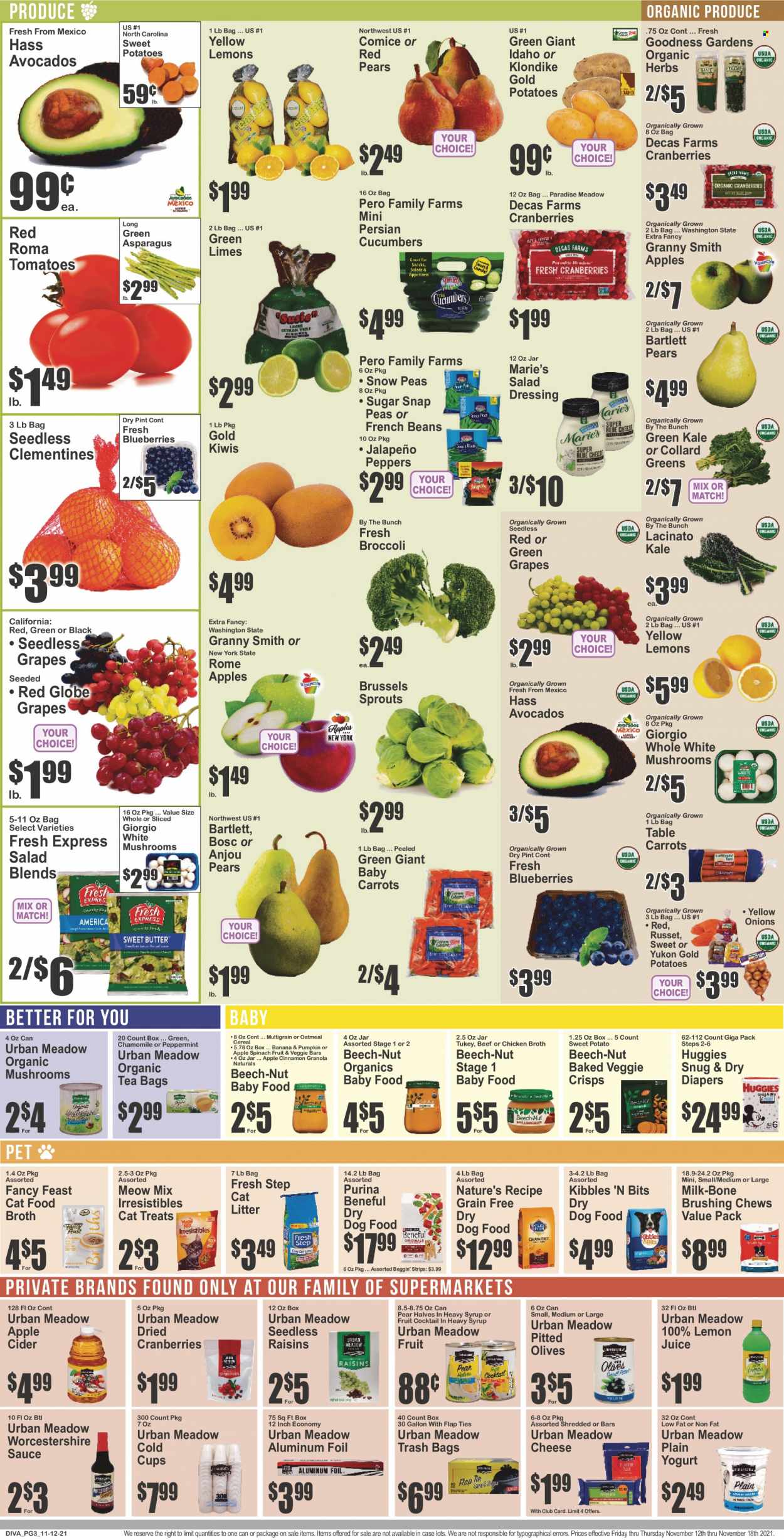 thumbnail - Key Food Flyer - 11/12/2021 - 11/18/2021 - Sales products - Bartlett pears, seedless grapes, beans, broccoli, cucumber, collard greens, french beans, russet potatoes, tomatoes, kale, potatoes, onion, jalapeño, brussel sprouts, avocado, grapes, kiwi, limes, Red Globe, pears, Granny Smith, sauce, yoghurt, milk, snap peas, snow peas, strips, chewing gum, chicken broth, oatmeal, broth, cranberries, olives, cereals, granola, cinnamon, salad dressing, worcestershire sauce, dressing, syrup, raisins, lemon juice, tea bags, apple cider, cider, Huggies, nappies, trash bags, cup, cat litter, animal food, cat food, dog food, Purina, dry dog food, Meow Mix, Beggin', Fancy Feast, Fresh Step, clementines. Page 3.
