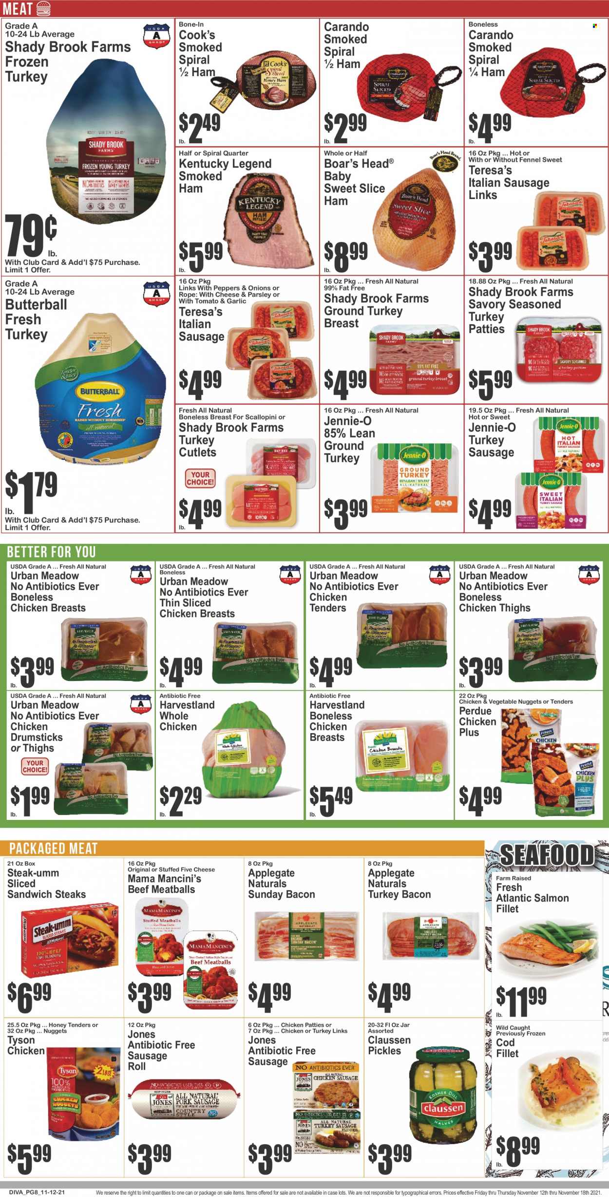 thumbnail - Key Food Flyer - 11/12/2021 - 11/18/2021 - Sales products - sausage rolls, parsley, onion, cod, salmon, salmon fillet, seafood, chicken tenders, meatballs, sandwich, nuggets, Perdue®, bacon, Butterball, turkey bacon, ham, smoked ham, Cook's, sausage, italian sausage, chicken patties, pickles, fennel, honey, ground turkey, turkey breast, whole chicken, whole turkey, chicken breasts, chicken thighs, chicken drumsticks. Page 8.
