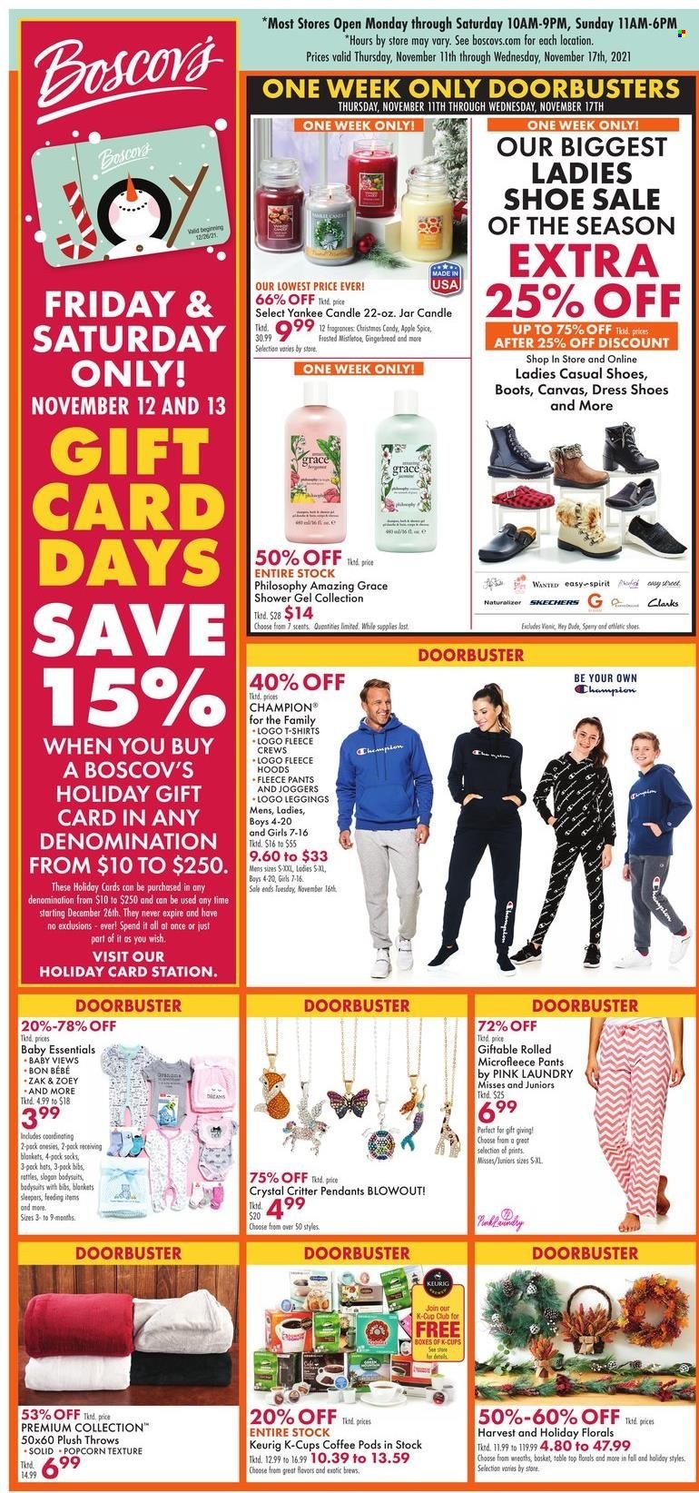 thumbnail - Boscov's Flyer - 11/11/2021 - 11/17/2021 - Sales products - boots, shoes, Skechers, gingerbread, shower gel, canvas, candle, Yankee Candle, blanket, Apple, Keurig, pants, t-shirt, joggers, leggings, hat, pendant. Page 1.