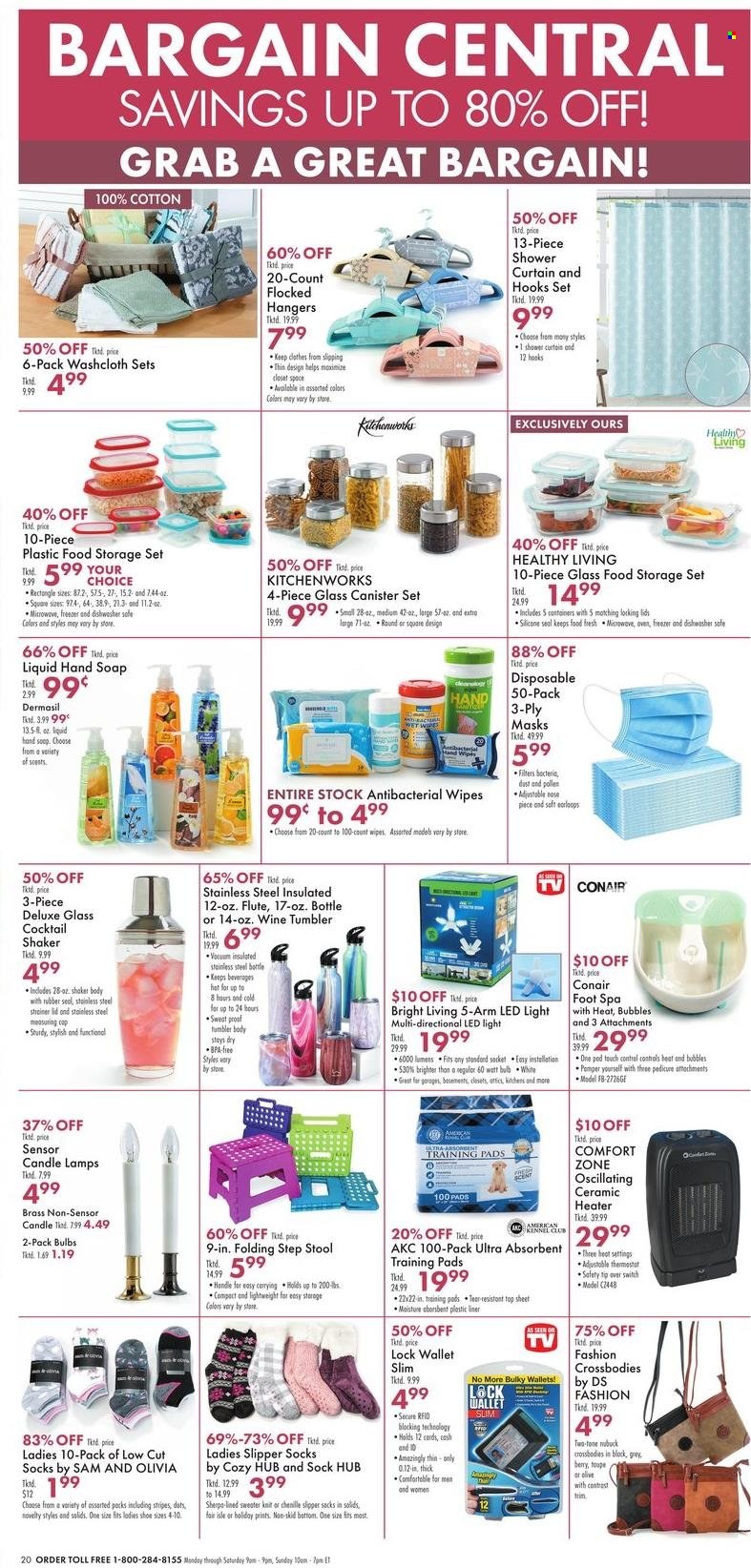 thumbnail - Boscov's Flyer - 11/11/2021 - 11/17/2021 - Sales products - slippers, hand soap, soap, hanger, shower curtain, canister, tumbler, shaker, storage container set, eraser, candle, bulb, flute, curtain, washcloth, oven, foot spa, stool, closet system, sweater, socks, low cut socks, cap, hat, wallet, candle lamp, LED light. Page 20.