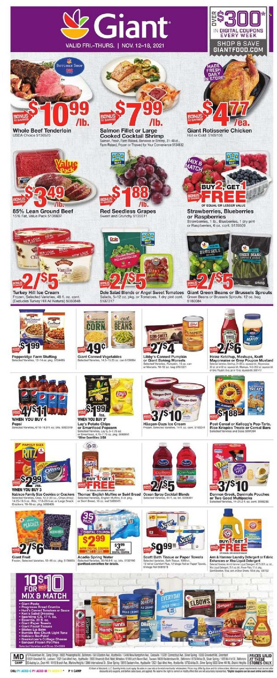 thumbnail - Giant Food Flyer - 11/12/2021 - 11/18/2021 - Sales products - seedless grapes, breadcrumbs, corn, green beans, Dole, brussel sprouts, blueberries, grapes, strawberries, salmon, salmon fillet, tuna, shrimps, chicken roast, pasta, Progresso, Kraft®, cottage cheese, Oreo, Dannon, Danimals, mayonnaise, ice cream, Häagen-Dazs, cookies, snack, cereal bar, crackers, Kellogg's, Pop-Tarts, RITZ, potato chips, Lay’s, Smartfood, popcorn, ARM & HAMMER, oats, Heinz, canned vegetables, light tuna, Rice Krispies, mustard, salad dressing, ketchup, dressing, Pepsi, spring water, Acadia, beef meat, ground beef, beef tenderloin, bath tissue, Scott, kitchen towels, paper towels, detergent, liquid detergent, laundry detergent, XTRA, lip balm, pot, jar, peaches. Page 1.