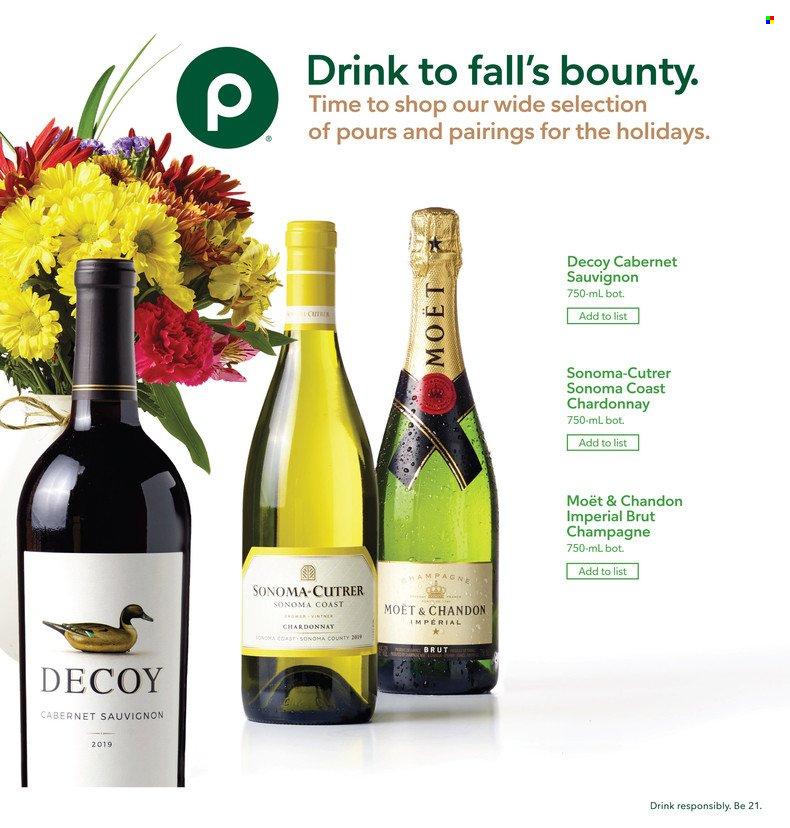 thumbnail - Publix Flyer - 11/11/2021 - 12/01/2021 - Sales products - Bounty, Cabernet Sauvignon, red wine, sparkling wine, white wine, champagne, Chardonnay, wine, Moët & Chandon. Page 1.