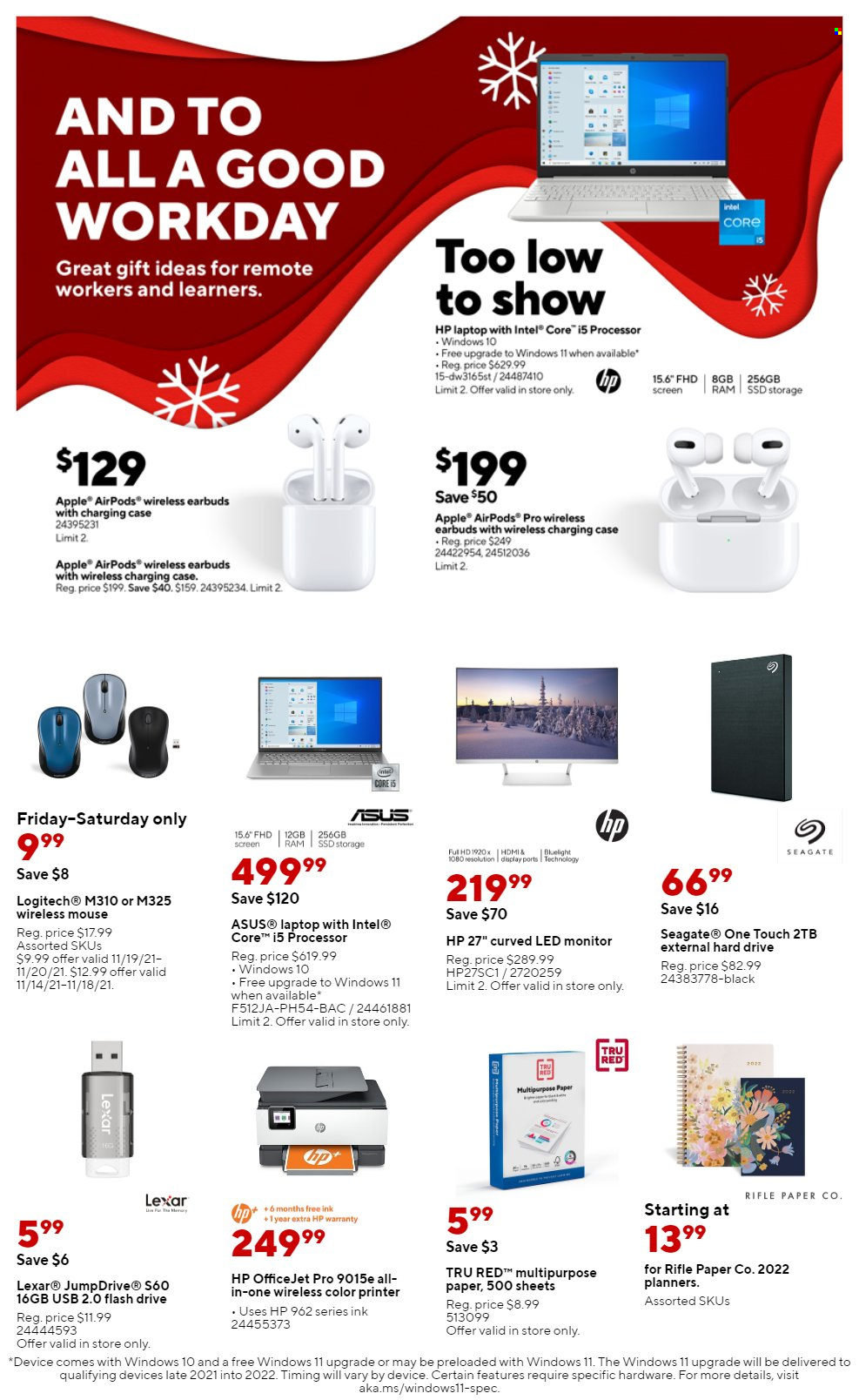 thumbnail - Staples Flyer - 11/14/2021 - 11/20/2021 - Sales products - Intel, Apple, Asus, Hewlett Packard, laptop, Seagate, hard disk, flash drive, Logitech, mouse, monitor, Airpods, earbuds, Apple AirPods Pro, printer, HP OfficeJet. Page 1.