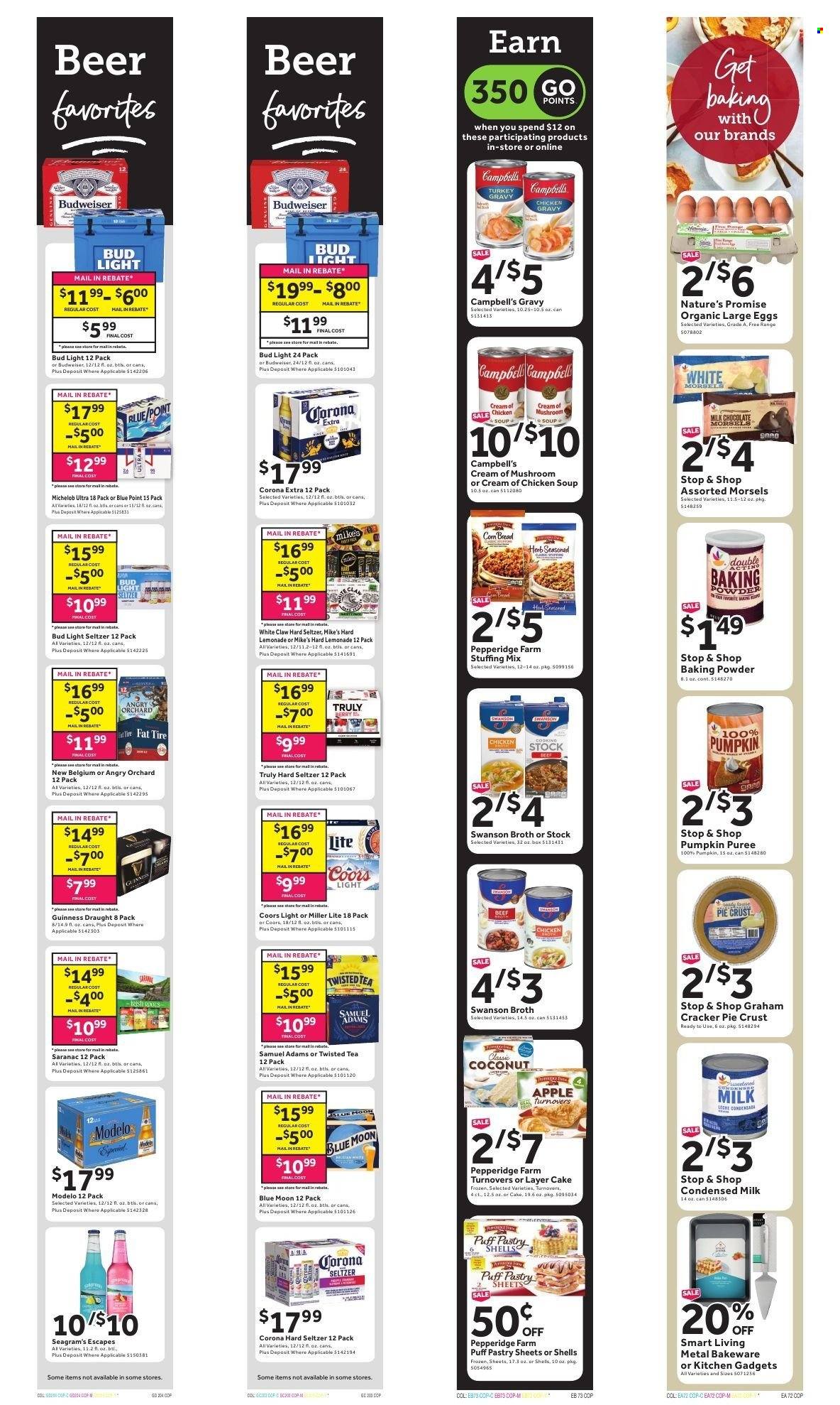 thumbnail - Stop & Shop Flyer - 11/12/2021 - 11/18/2021 - Sales products - bread, Nature’s Promise, turnovers, coconut, Campbell's, mushroom soup, chicken soup, soup, condensed milk, large eggs, puff pastry, milk chocolate, chocolate, crackers, baking powder, stuffing mix, pie crust, broth, herbs, turkey gravy, chicken gravy, lemonade, tea, White Claw, Hard Seltzer, TRULY, beer, Bud Light, Corona Extra, Guinness, Modelo, Budweiser, Miller Lite, Coors, Blue Moon, Twisted Tea, Michelob. Page 11.