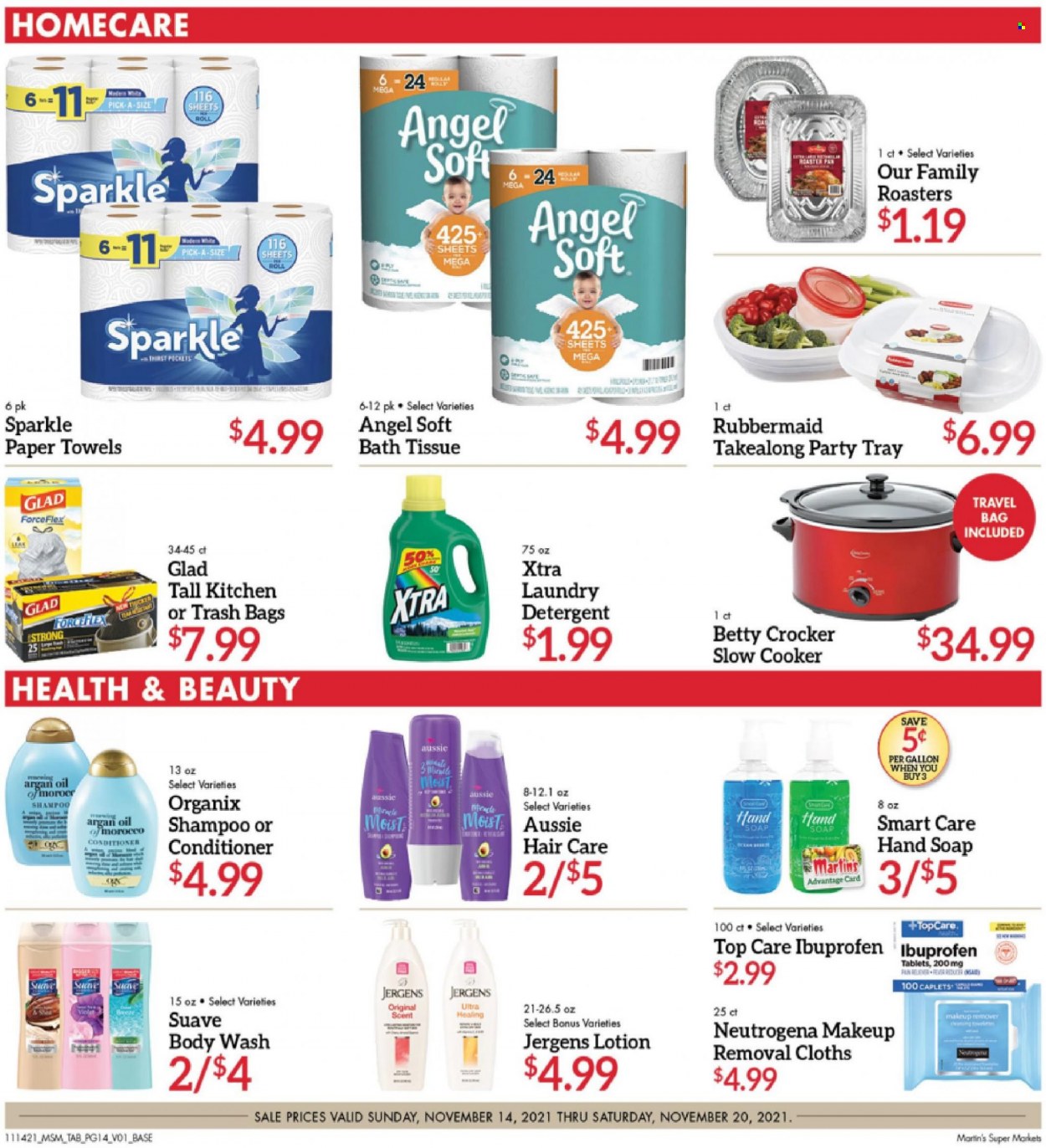 thumbnail - Martin’s Flyer - 11/14/2021 - 11/20/2021 - Sales products - bath tissue, kitchen towels, paper towels, detergent, laundry detergent, XTRA, body wash, shampoo, Suave, hand soap, soap, Neutrogena, Aussie, conditioner, body lotion, Jergens, trash bags. Page 1.