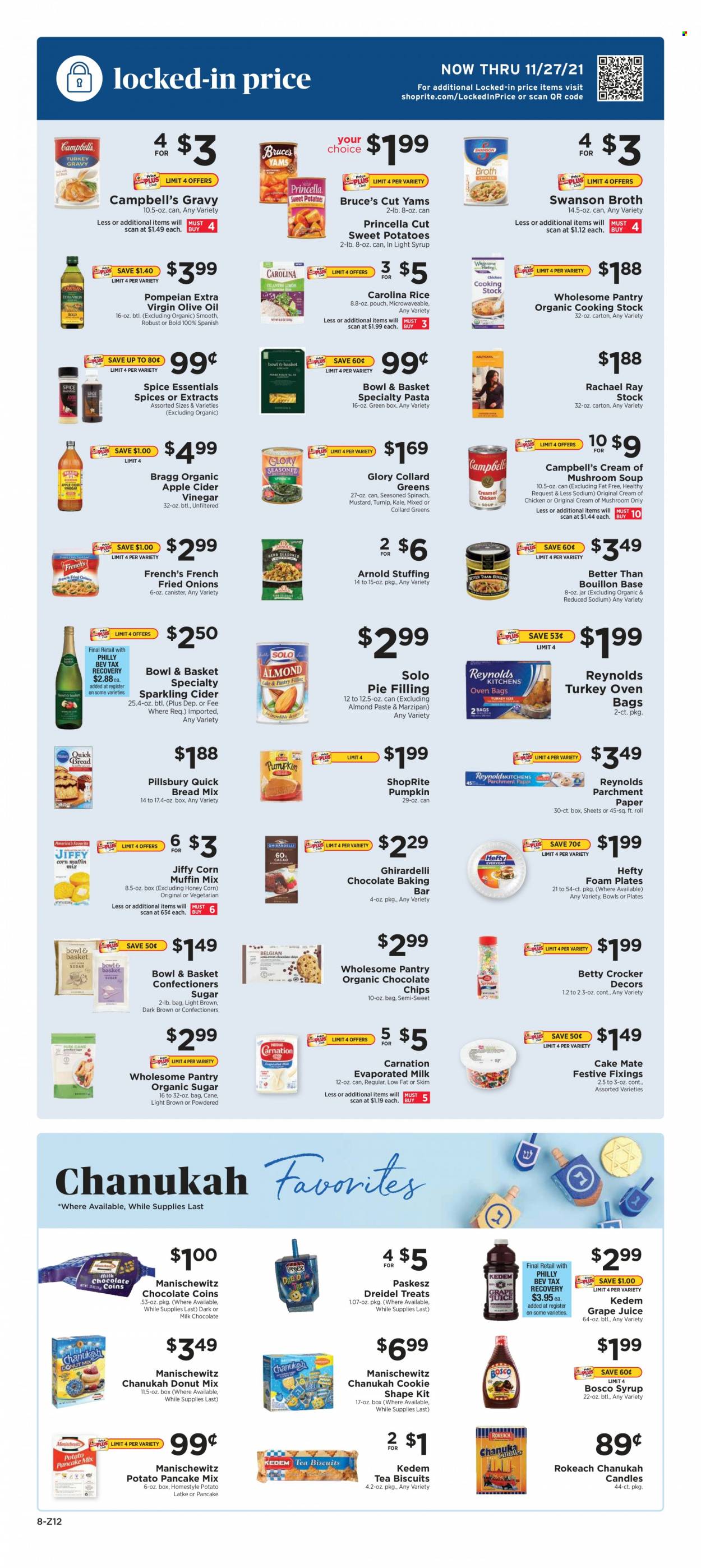 thumbnail - ShopRite Flyer - 11/14/2021 - 11/20/2021 - Sales products - bread, cake, Bowl & Basket, donut, corn, collard greens, sweet potato, kale, potatoes, pumpkin, Campbell's, mushroom soup, soup, pasta, pancakes, Pillsbury, evaporated milk, milk chocolate, biscuit, Ghirardelli, bouillon, marzipan, sugar, pie filling, icing sugar, broth, rice, spice, almond paste, mustard, apple cider vinegar, extra virgin olive oil, olive oil, oil, honey, syrup, juice, Kedem, sparkling cider, sparkling wine, Hefty, plate, paper, candle, foam plates. Page 7.
