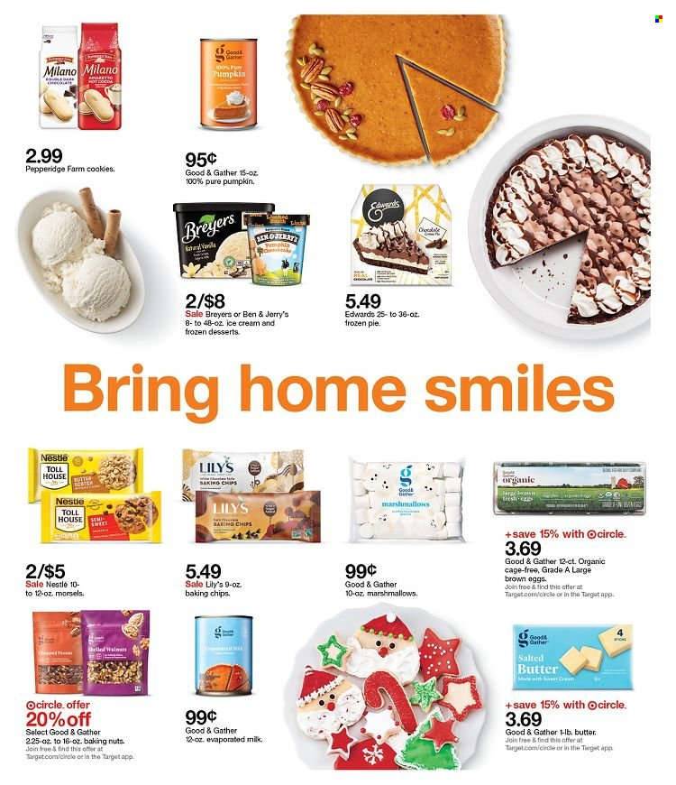 thumbnail - Target Flyer - 11/14/2021 - 11/20/2021 - Sales products - pie, pumpkin, evaporated milk, eggs, cage free eggs, butter, salted butter, ice cream, Ben & Jerry's, cookies, marshmallows, Nestlé, baking chips, Amaretto, Target. Page 3.