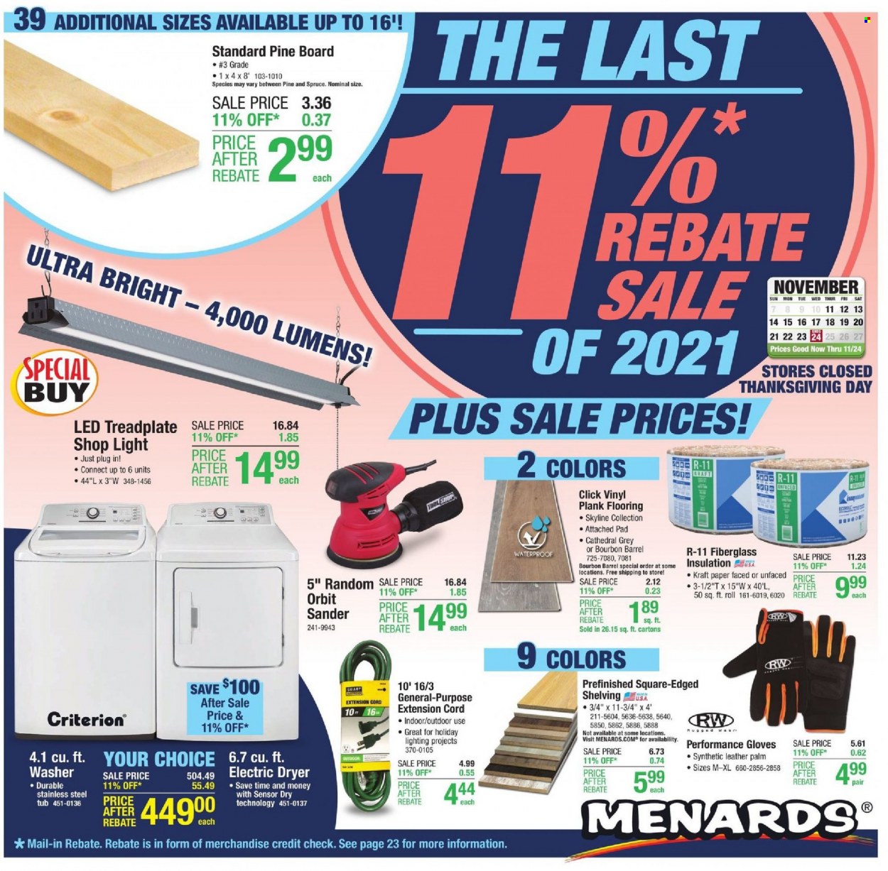 thumbnail - Menards Flyer - 11/11/2021 - 11/24/2021 - Sales products - Kraft®, gloves, paper, shop light, lighting, flooring, vinyl, fiberglass insulation, work gloves, extension cord. Page 1.