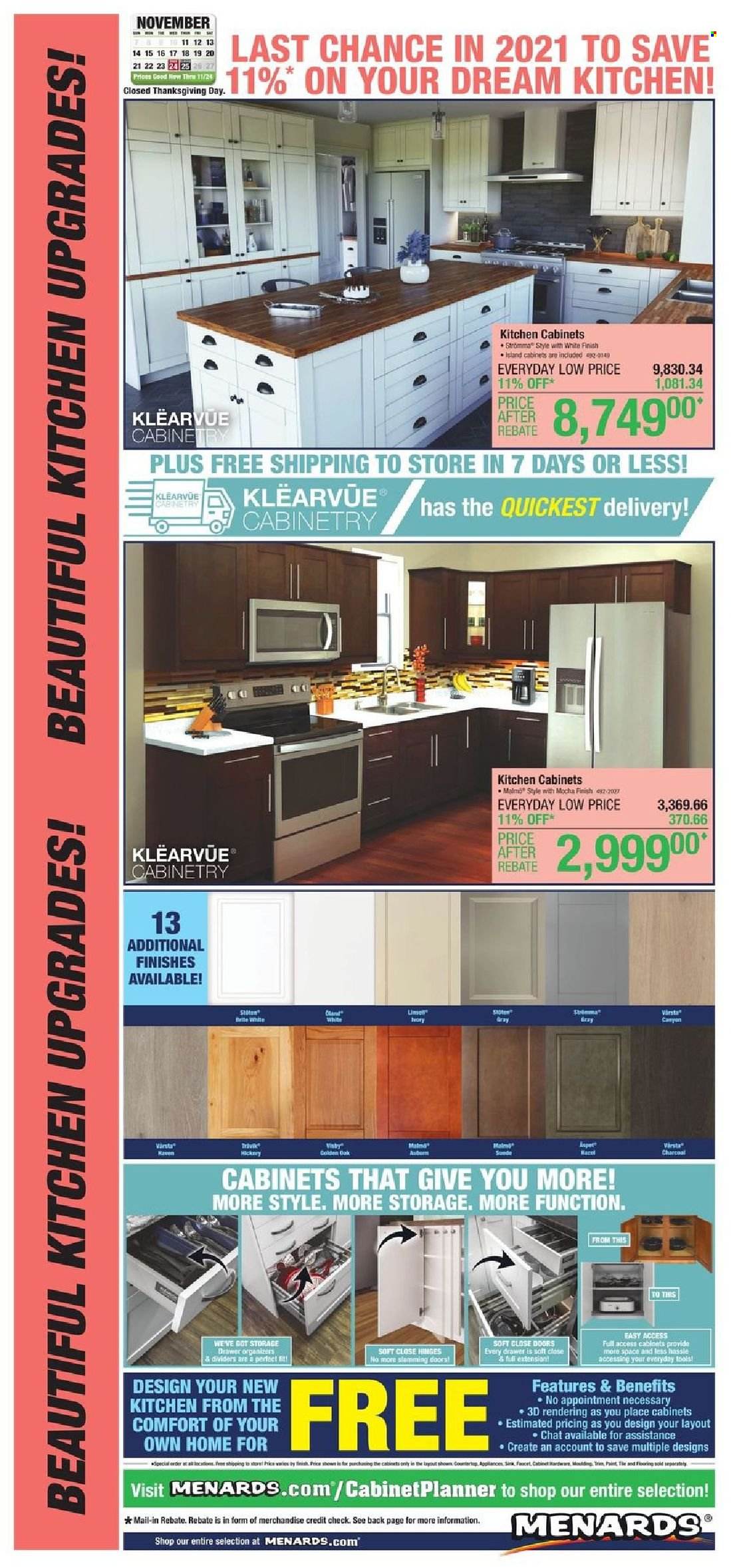 thumbnail - Menards Flyer - 11/11/2021 - 11/24/2021 - Sales products - faucet, kitchen cabinet, cabinet, paint, charcoal. Page 1.