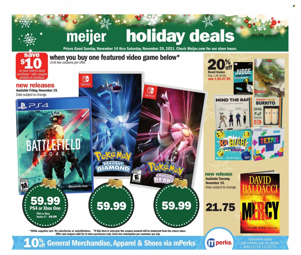 thumbnail - Meijer Flyer - 11/14/2021 - 11/20/2021 - Sales products - Nintendo Switch, shoes, pears, burrito, Pokémon, Xbox One, PlayStation, Xbox, PlayStation 4, PlayStation 5. Page 1.