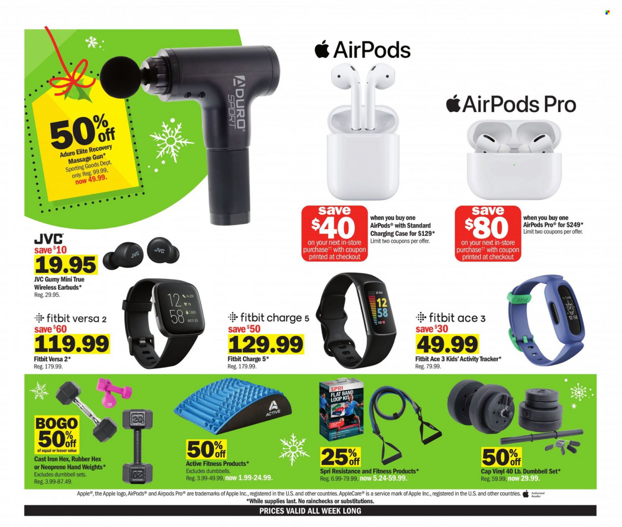 thumbnail - Meijer Flyer - 11/21/2021 - 11/27/2021 - Sales products - eraser, activity tracker, Fitbit, JVC, Airpods, earbuds, cap, dumbbell, hand weights. Page 18.