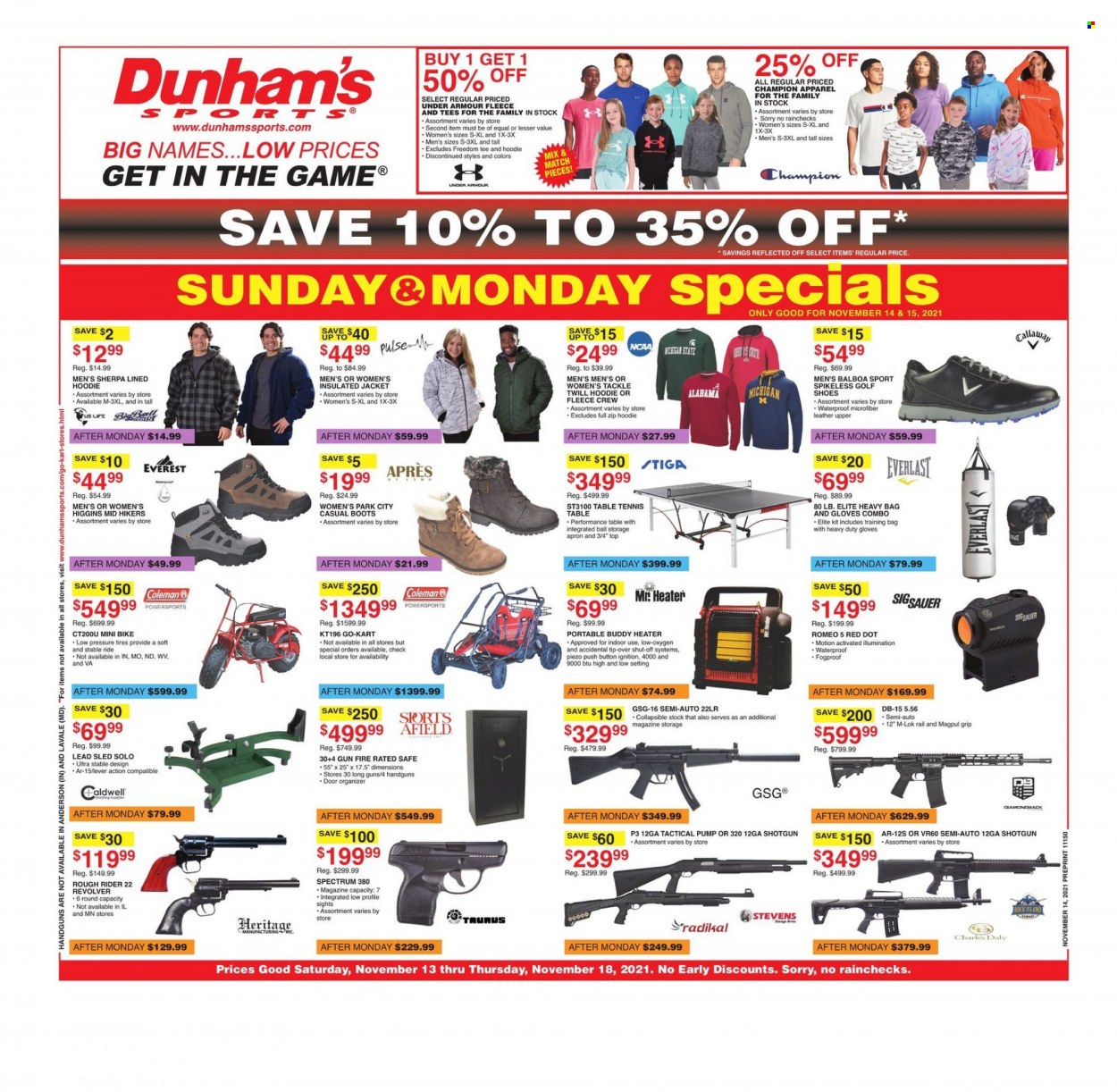 thumbnail - Dunham's Sports Flyer - 11/13/2021 - 11/18/2021 - Sales products - boots, shoes, Under Armour, hiking shoes, Coleman, Sony, Everlast, jacket, t-shirt, sherpa, hoodie, heavy bag, table tennis table, shotgun, gun, Caldwell, Magpul. Page 1.