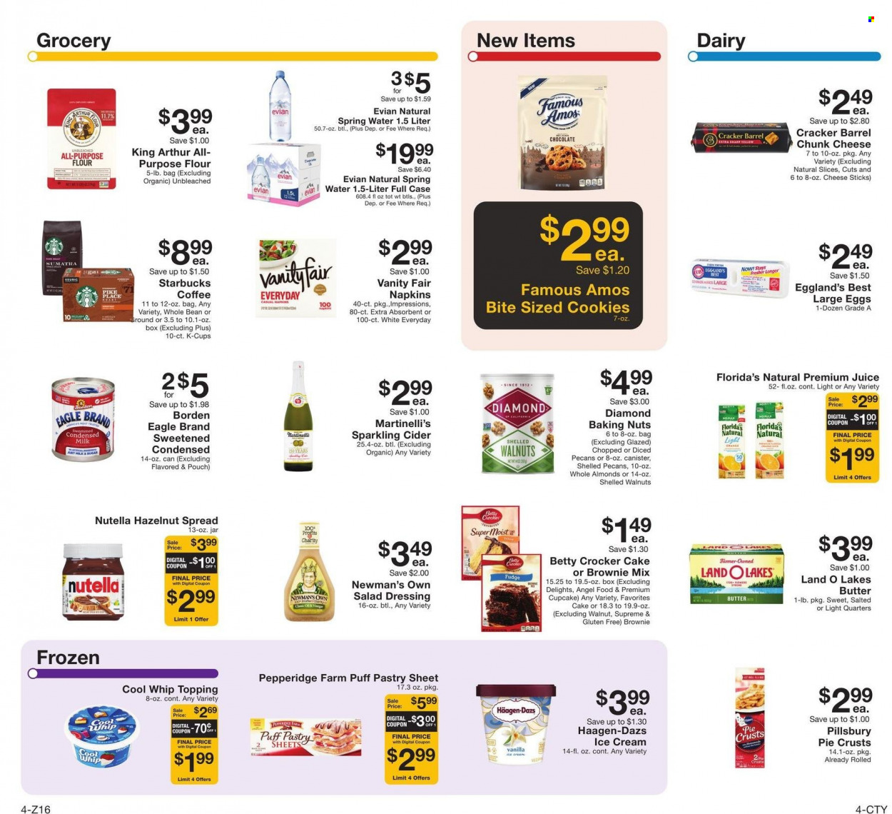 thumbnail - Fairway Market Flyer - 11/12/2021 - 11/18/2021 - Sales products - cake, pie, cupcake, Angel Food, brownie mix, Pillsbury, chunk cheese, milk, large eggs, butter, Cool Whip, puff pastry, ice cream, Häagen-Dazs, cheese sticks, cookies, fudge, Nutella, crackers, Florida's Natural, flour, pie crust, topping, salad dressing, dressing, hazelnut spread, almonds, walnuts, pecans, juice, spring water, Evian, coffee, Starbucks, coffee capsules, K-Cups, Keurig, sparkling cider, sparkling wine, cider. Page 4.