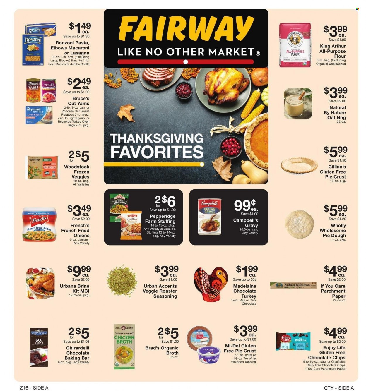 thumbnail - Fairway Market Flyer - 11/12/2021 - 11/18/2021 - Sales products - bread, sweet potato, potatoes, Campbell's, macaroni, pasta, milk, Ghirardelli, flour, pie crust, chicken broth, oats, topping, broth, spice, syrup. Page 7.