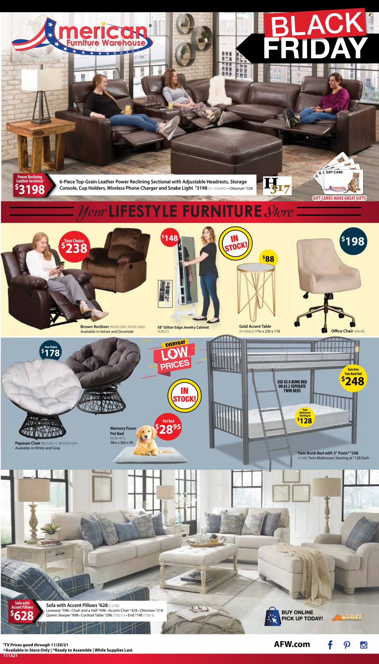 thumbnail - American Furniture Warehouse Flyer - 11/14/2021 - 11/20/2021 - Sales products - cabinet, table, chair, accent chair, loveseat, sofa, recliner chair, ottoman, bunk bed, mattress, office chair, pillow. Page 1.