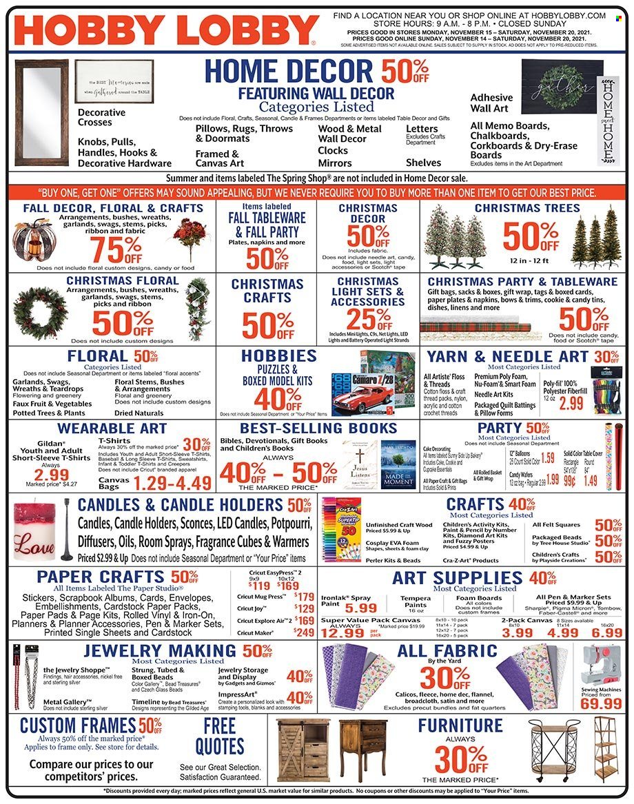 thumbnail - Hobby Lobby Flyer - 11/14/2021 - 11/20/2021 - Sales products - bag, sticker, boxed card, gift wrap, pen, envelope, paper, pencil, scrapbook, sketch pad, canvas, ribbon, napkins, linens, pillow, quilt, mirror, wall decor, christmas tree, christmas decor. Page 1.